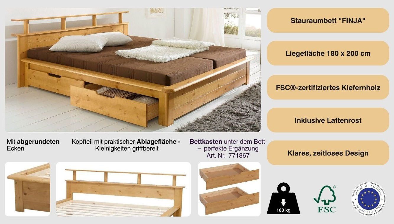 OTTO home Funktionsbett "FINJA " Kieferbett, Futonbett, Kopfteil mit Ablagefläche, zertifiziertes Massivholz, Schubkästen optional