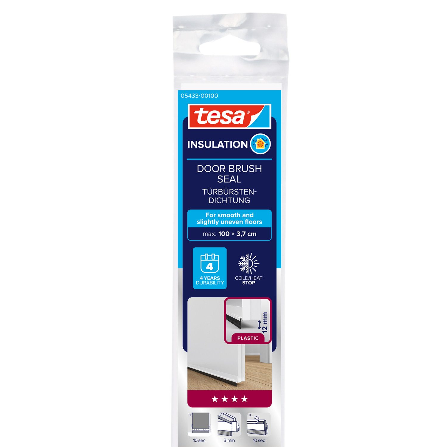 tesa Türbodendichtung INSULATION Türdichtschiene für glatte Böden, (Packung, 1-St., Türdichtschiene weiß - mit Bürstendichtung bis 12 mm), selbstklebende Türdichtung zum Schutz vor Zugluft