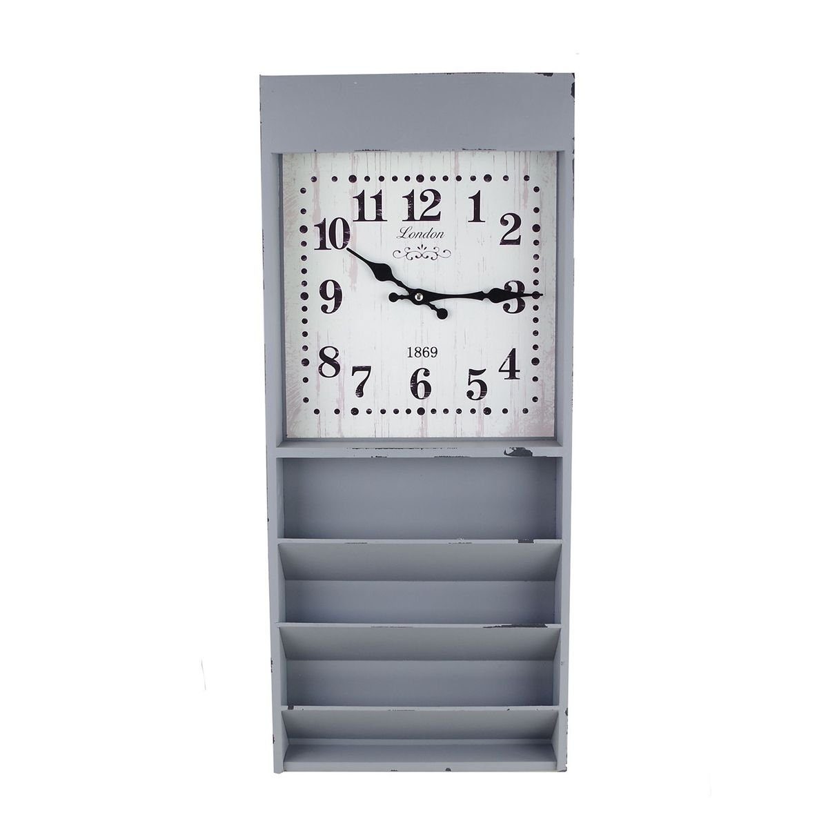 Uhr Wandregal in weiß oder grau mit integrierter Uhr im Vintagelook (mit 3 Fächern)