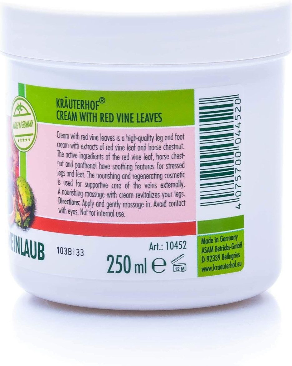 Kräuterhof Fußcreme KräuterhoF Creme mit rotem Weinlaub 250 ml Pflegecreme, Unterstützt die Venengesundheit, 1-tlg., Kühlt, erfrischt und vitalisiert