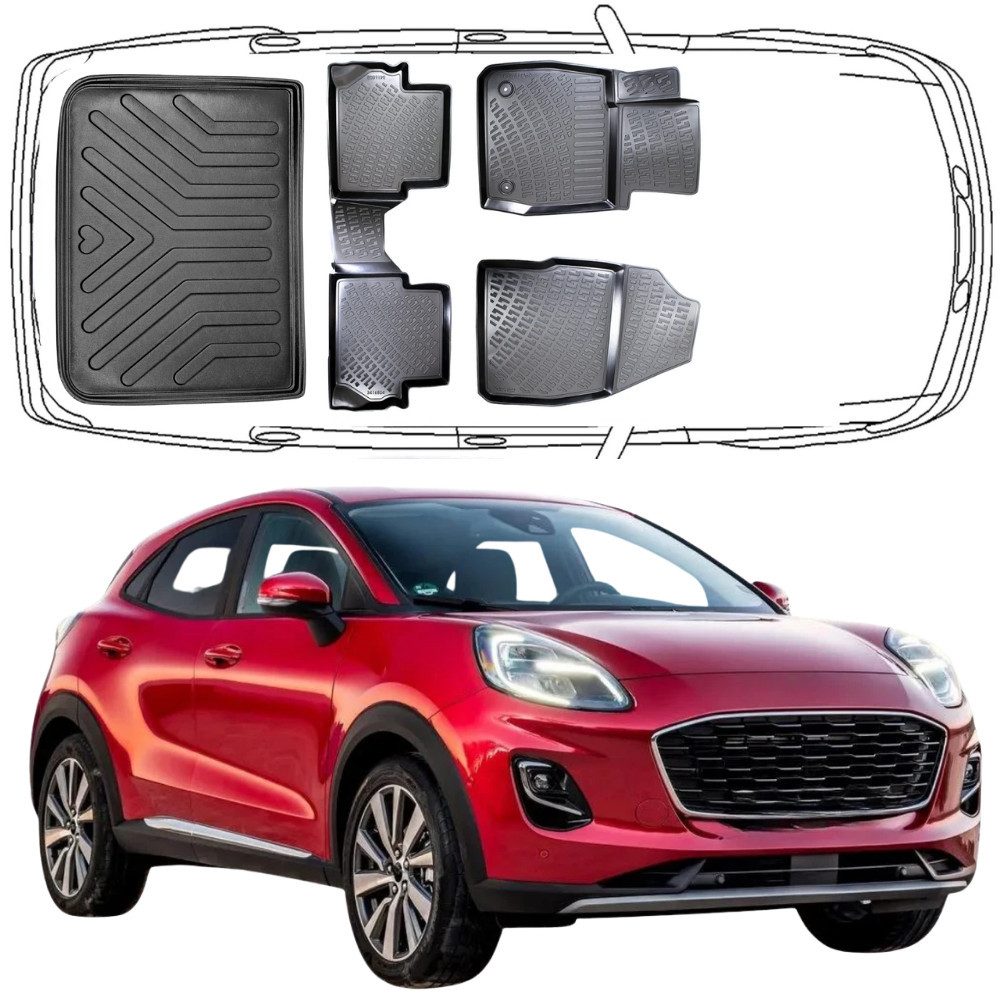 Trimak Passform-Fußmatten Oder Kofferraumwanne Oder Set für Ford Puma, Ford Puma ab 2019 Gummimatten Auto & Obere Kofferraummatte TPE