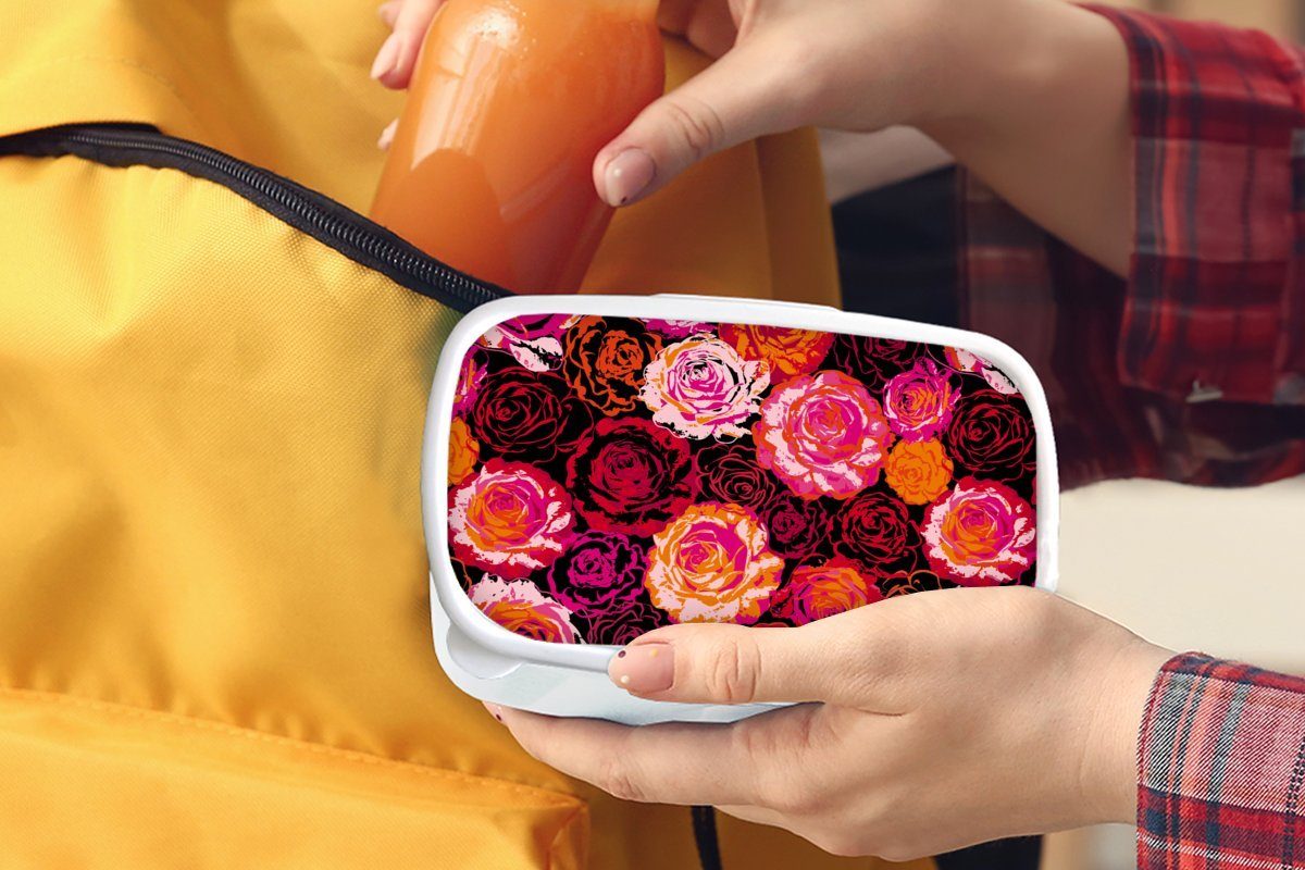 MuchoWow Lunchbox weiß Brotbox und Brotdose, Kunststoff, Kinder Muster Jungs - Erwachsene, für für und - Mädchen Blumen, Rosen (2-tlg)
