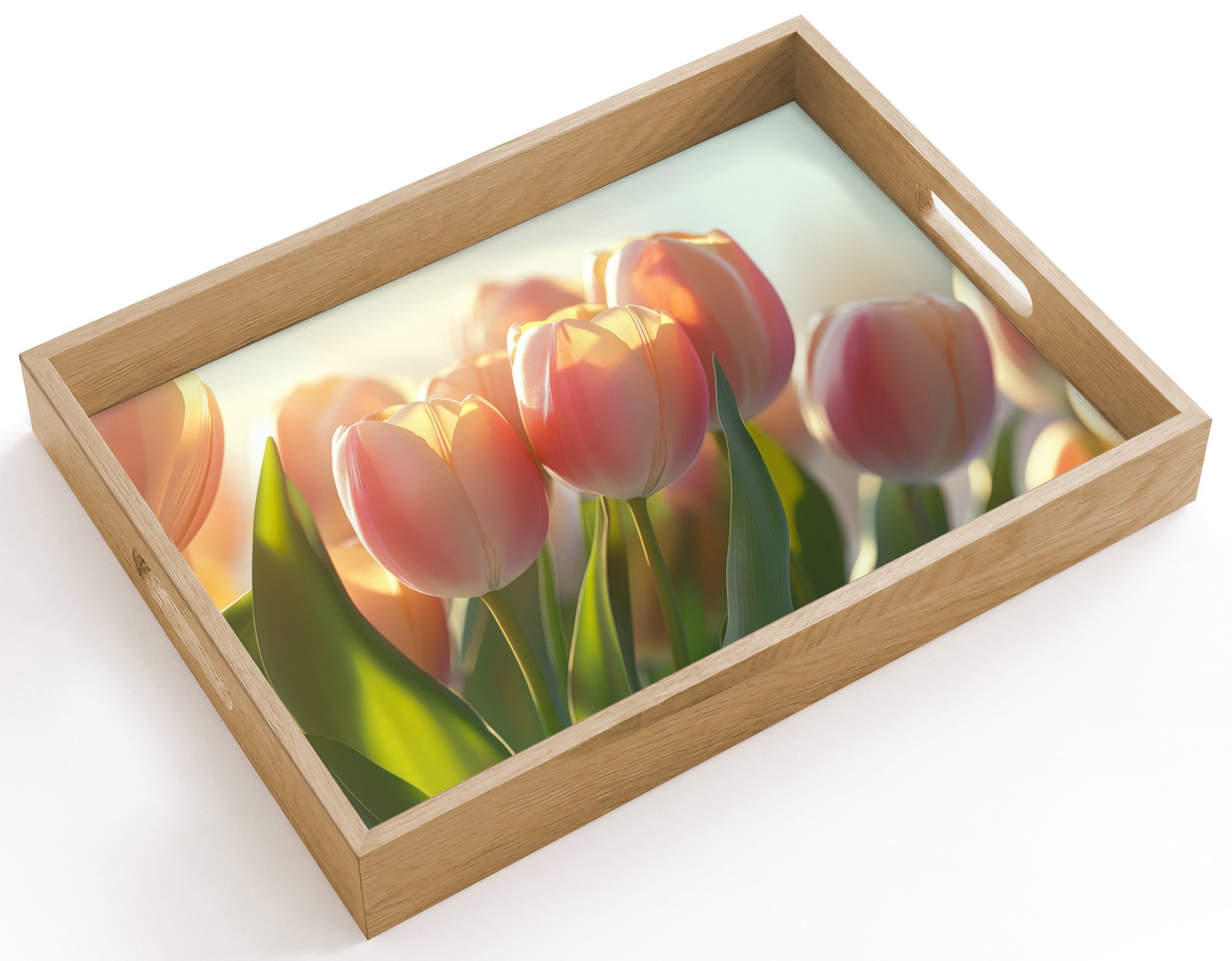 OnlyWow Tablett Rechteckig mit Henkel Tulpen - Rosa - Sonnenstrahlen, Eichenholz, (1-tlg), Siervierplatte, Tray, Frühstücksbrett