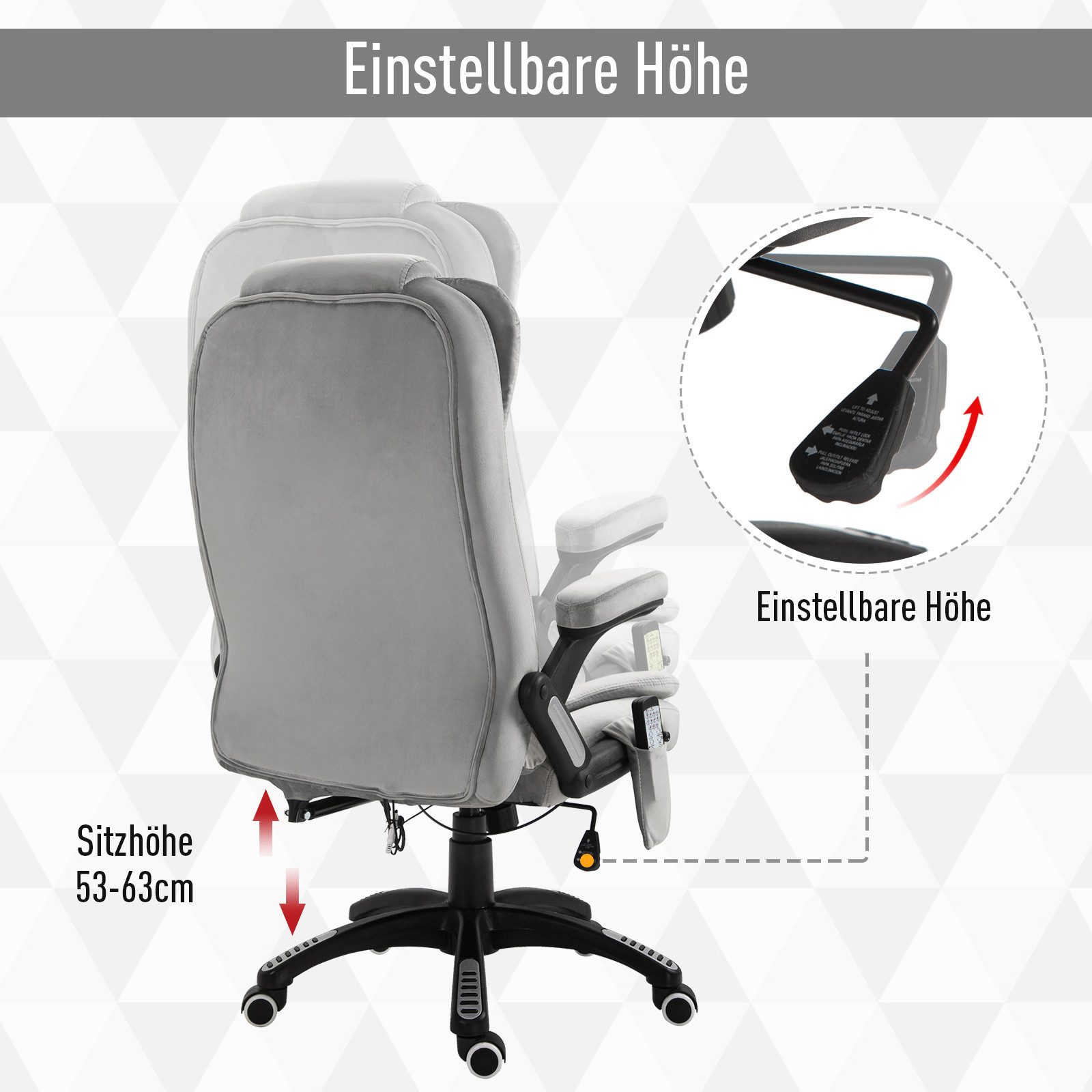 Vinsetto Schreibtischstuhl Ergonomischer Chefsessel mit Heiz-/Liegefunktion u. Computerstuhl (Massagesessel, 1 St), für Wohnbereich, Grau – Bild 4 von 5