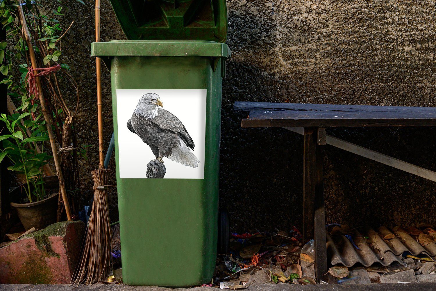 Weißkopfseeadlers Mülleimer-aufkleber, Sticker, MuchoWow Mülltonne, (1 Container, Schnabel St), Wandsticker gelbem eines Illustration Abfalbehälter mit