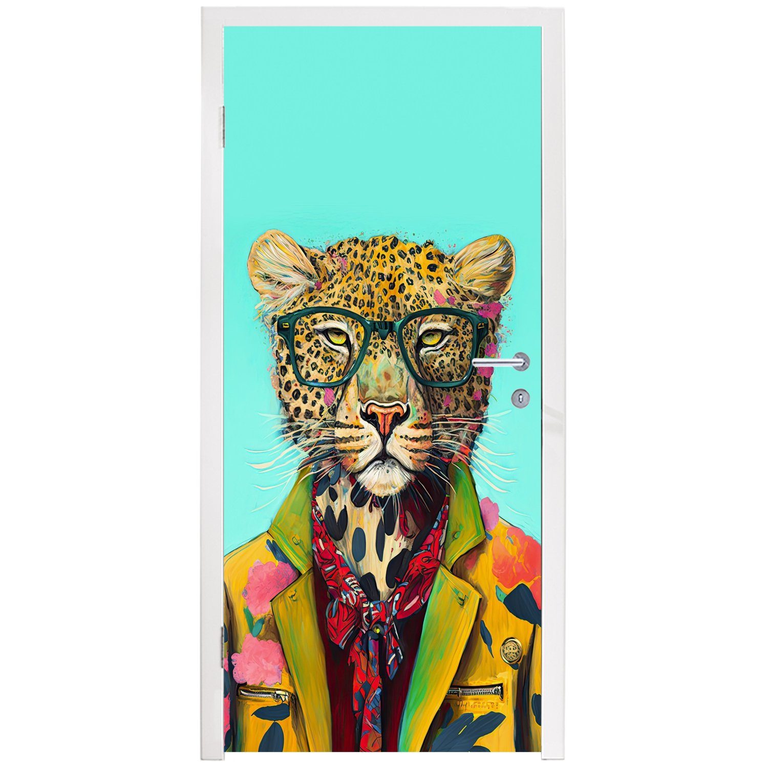 Tier St), MuchoWow Leopard Fototapete cm Türaufkleber, Brille 75x205 Türtapete bedruckt, Matt, - für Design, - Tür, - - (1 Schleife