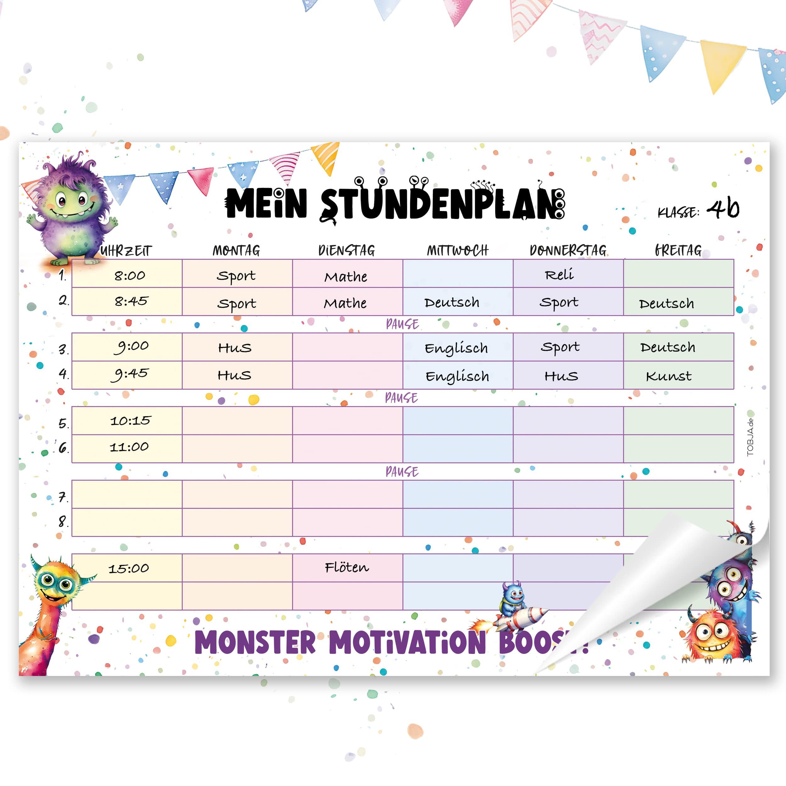 TOBJA Настенный календарь Stundenplan Monster- Block 25 Seiten, Stundenplan 1. Klasse, Füllung Schultüte Mädchen