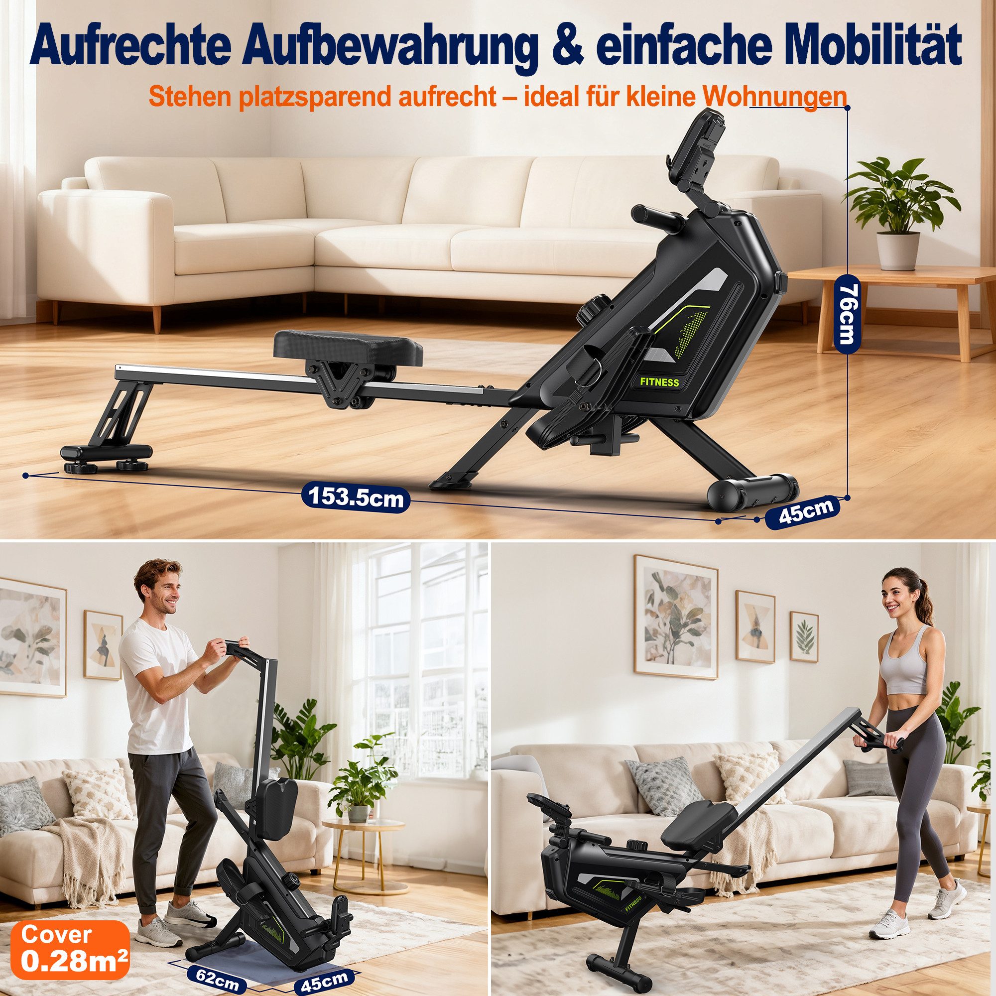 VOWVIT Rudermaschine magnetisch, 16 Widerstandsstufen, leiser Betrieb, App-kompatibel (1-tlg), bis 160 kg belastbar, vertikal platzsparend