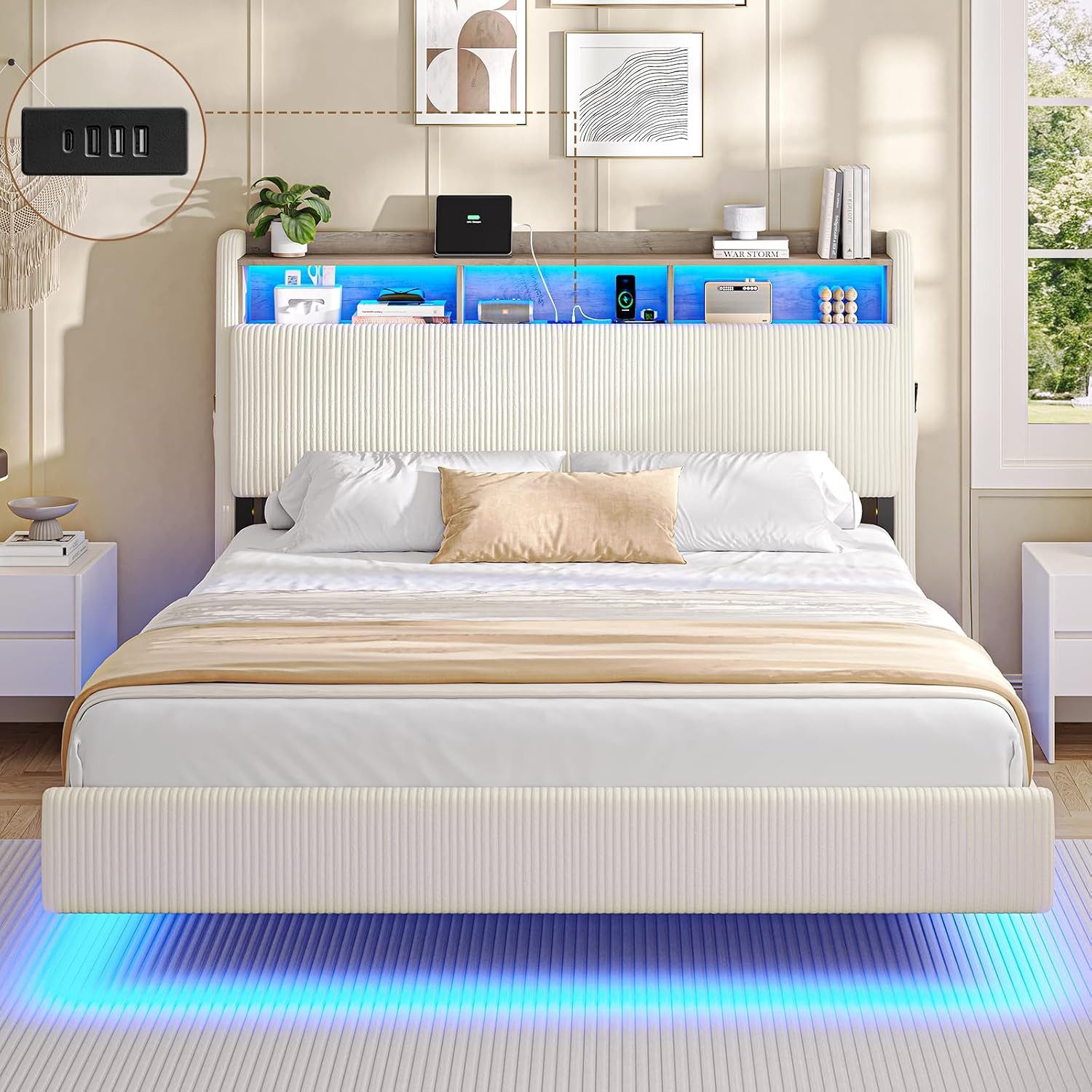 MSMASK Polsterbett Schwebebett mit 270°-LED-Beleuchtung, USB & Type-C Ladestation (Ohne Matratze), Doppelbett mit Stauraum-Kopfteil 140x200 cm – Bild 4 von 5