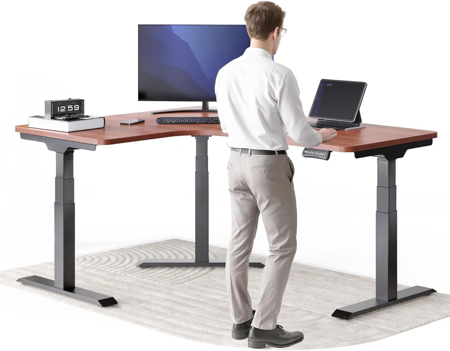 DESKSPACE Eckschreibtisch Eck Steh-Sitz Schreibtisch elektrisch verstellbar mit Speicherfunktion, ergonomisches Steh-Sitz-System, leiser Motor unter 50 dB