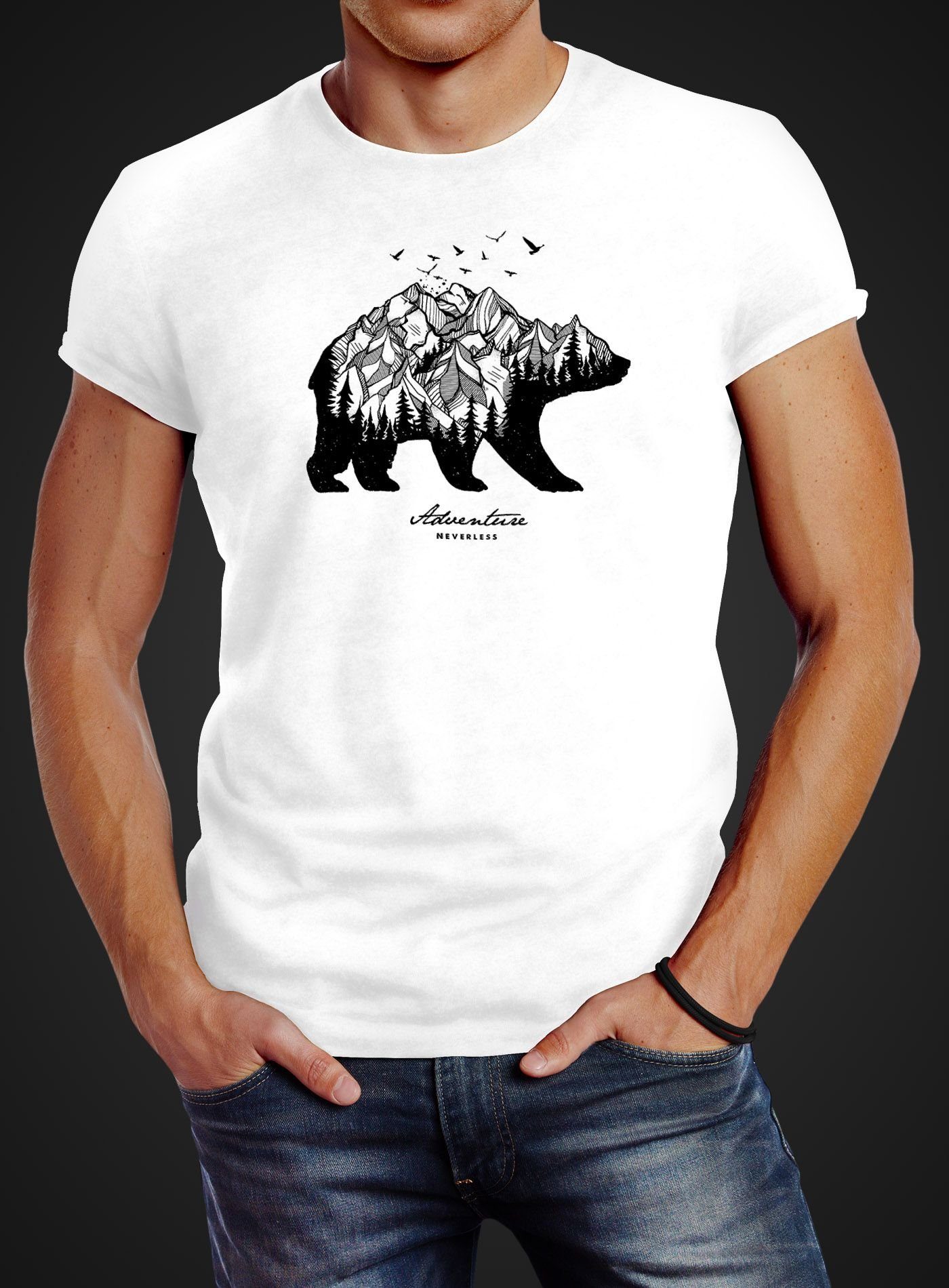Herren Slim Bear Fit weiß Print Wald Abenteuer T-Shirt Adventure mit Print-Shirt Mountains Neverless Bär Neverless® Berge