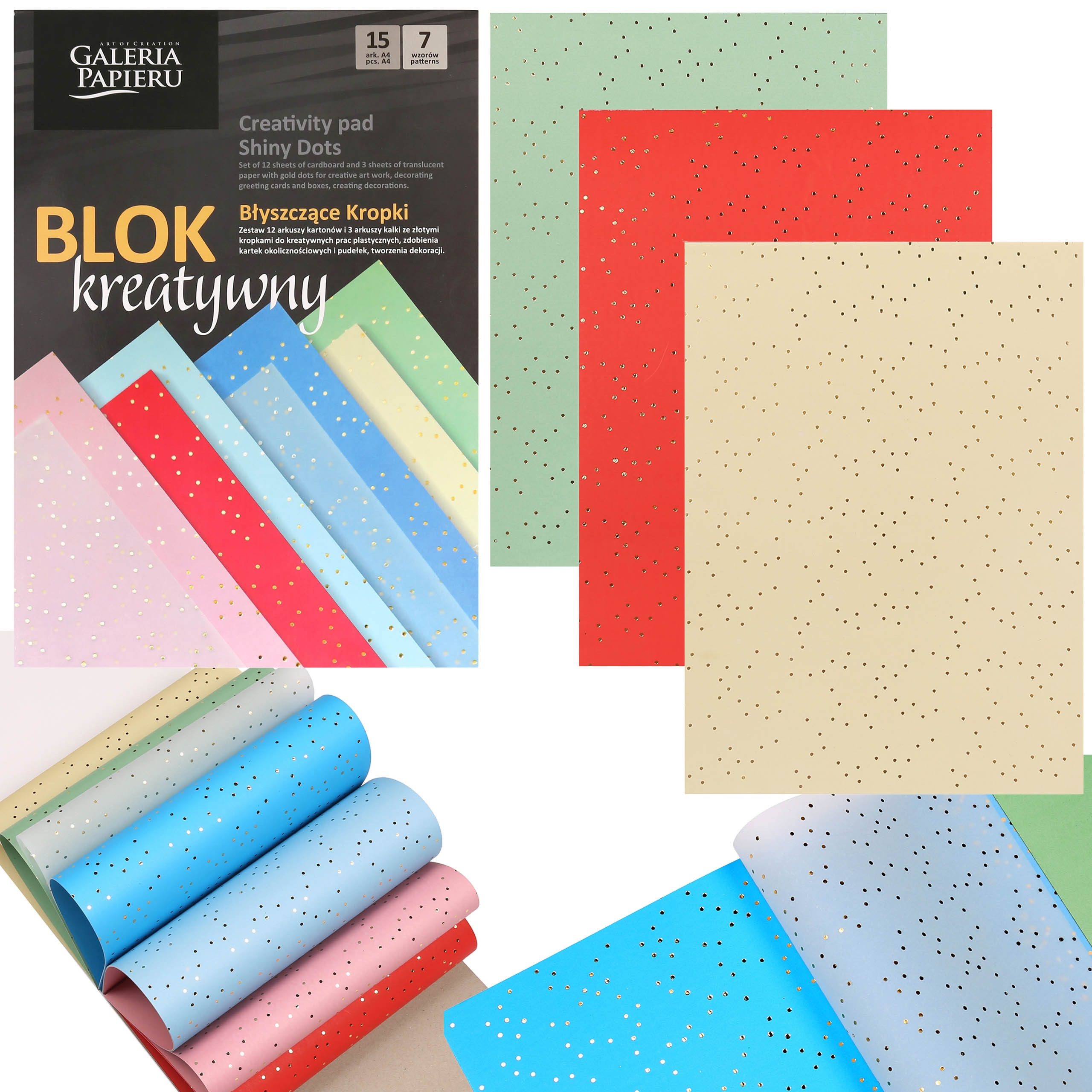 Sarcia.eu Motivpapier Kreativblock Shiny Dots, 15 BLATT, bunte Blätter mit goldenen Punkten
