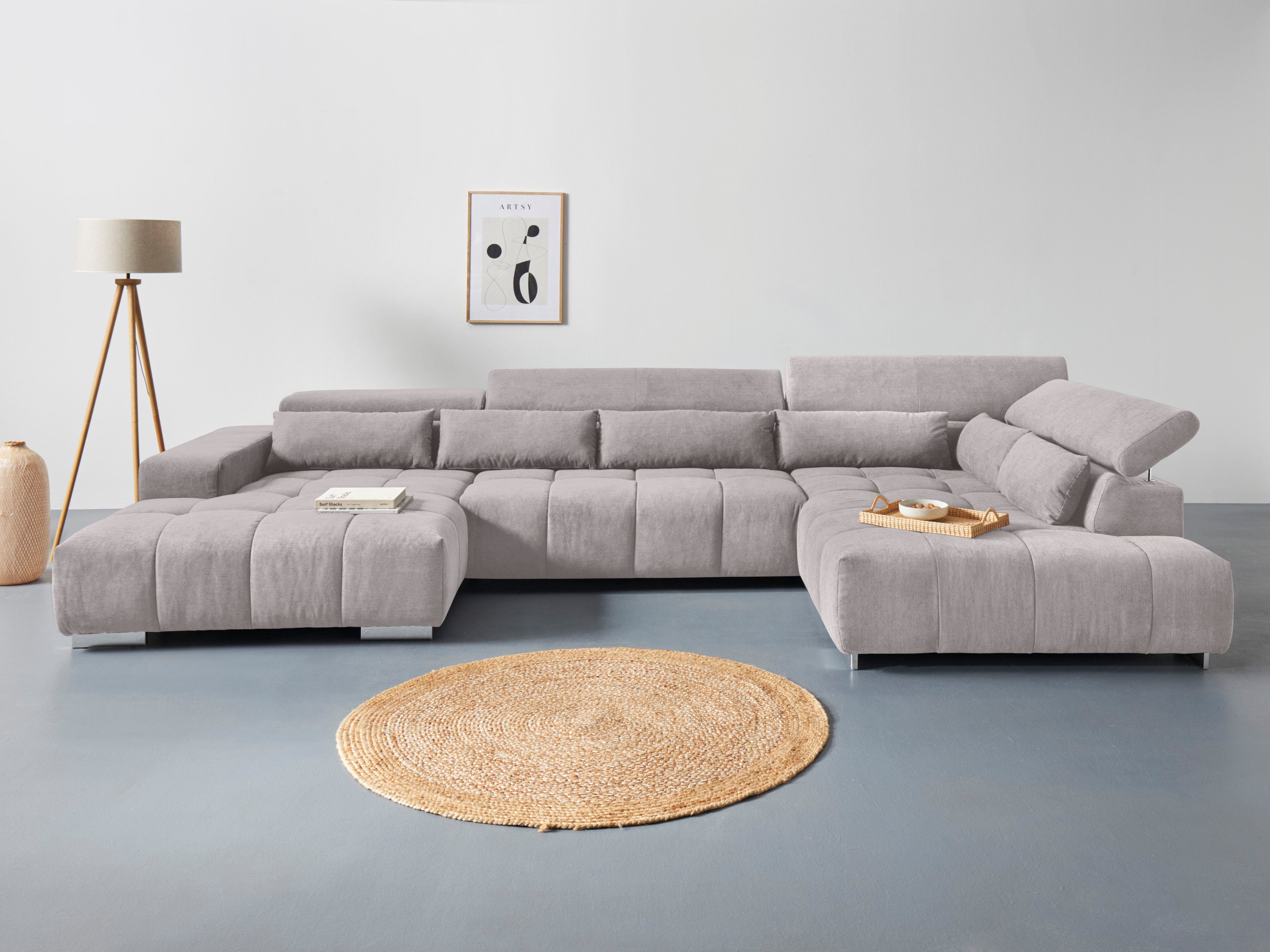 COTTA Wohnlandschaft Orion U-Form, B: 409 cm, mit Kopfteilverstellung & 6 Nierenkissen