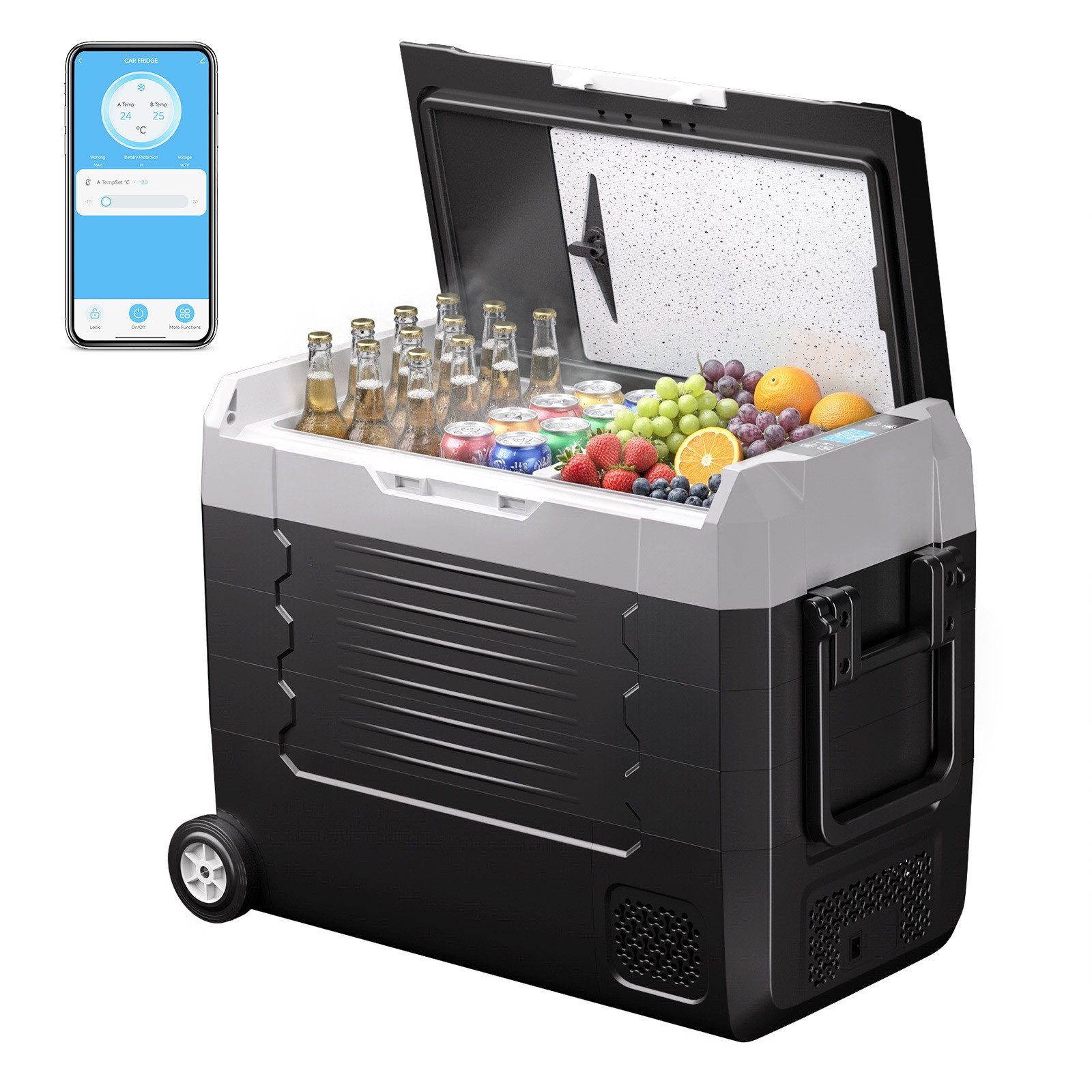 Insma Kühlbox Kompressor-Kühlbox mit Bluetooth-App, Dual-Zone Camping-Kühlschrank, 45L Auto Kühlschrank 12V/24V/230V mit Rollen, Trennwand &Schneidebrett