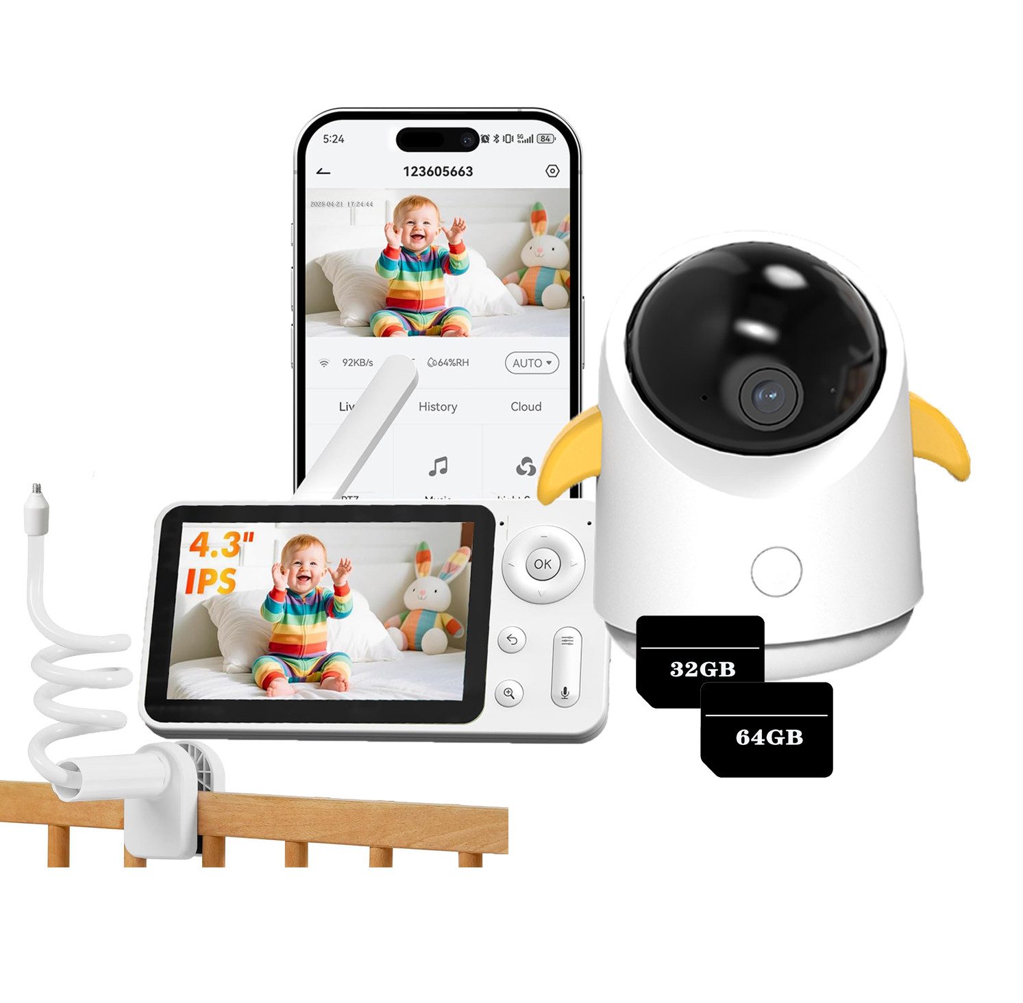 Video-Babyphone 4,3 Zoll Babyphone mit 360° Kamera, WLAN Video-Babyfon mit App