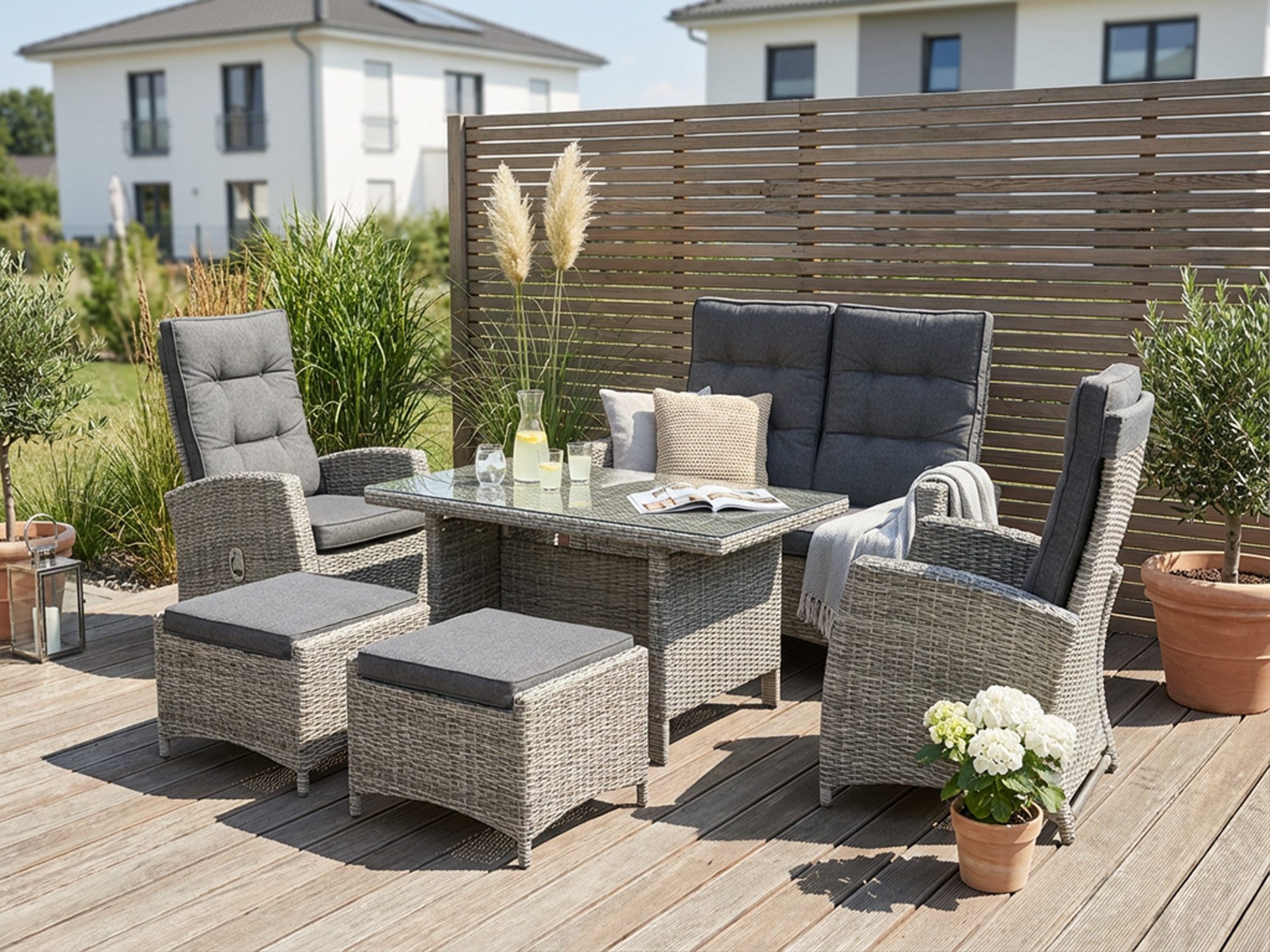 KONIFERA Garten-Essgruppe Monaco, (Set, 16-tlg., 1x2er Sofa, 2x Sessel, 2x Hocker, 1x Tisch 120x70x66cm, inkl. Auflagen), Polyrattan, Aluminium, Rückenlehne verstellbar, Grau