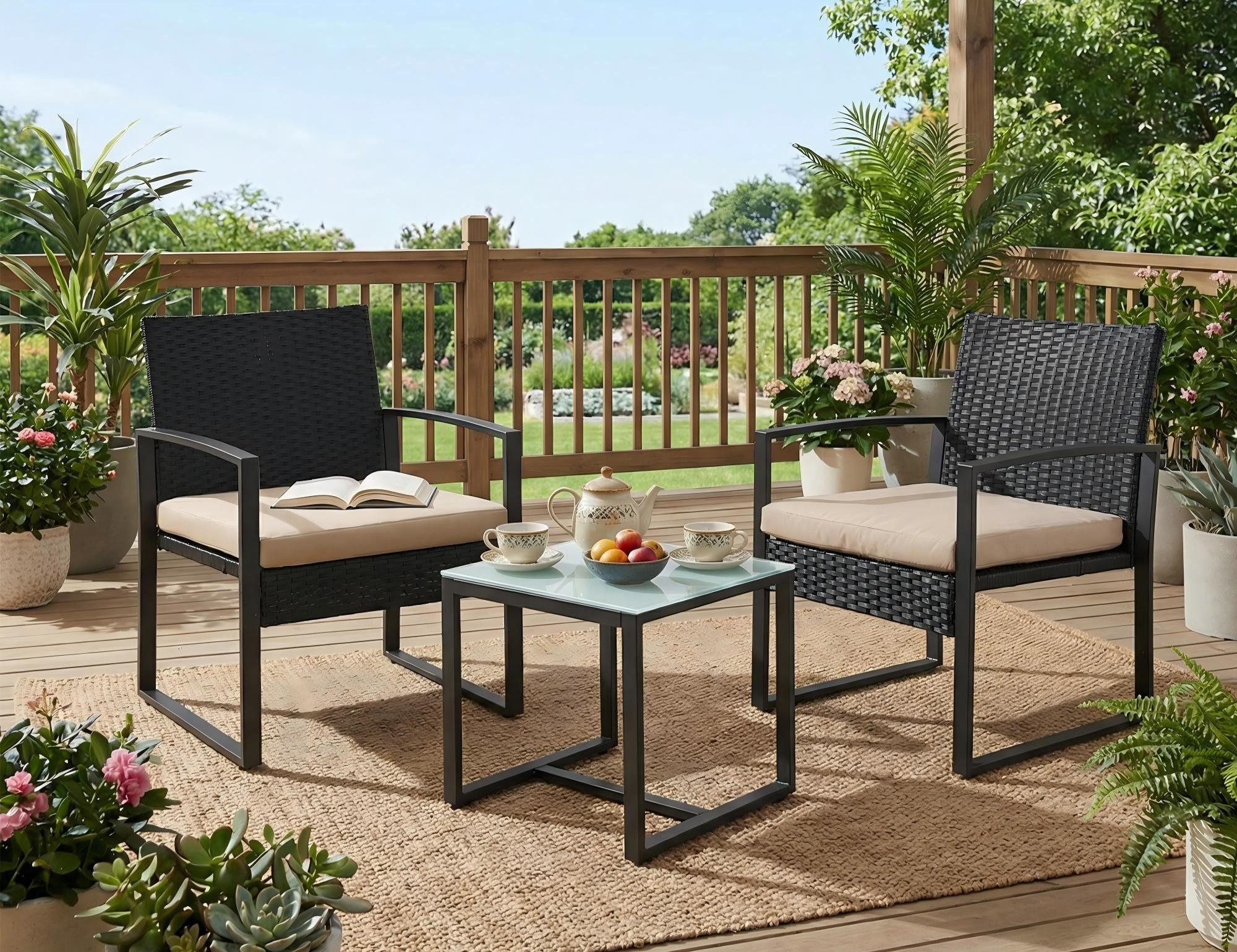 SONGMICS Balkonset Balkonmöbel, Gartenmöbel-Set, aus PE-Polyrattan, für Terrasse, Balkon, (3-tlg., 2 Stuhl, 1 Tisch, mit Kissen), Lounge-Set, Terrassenmöbel, einfache Montage