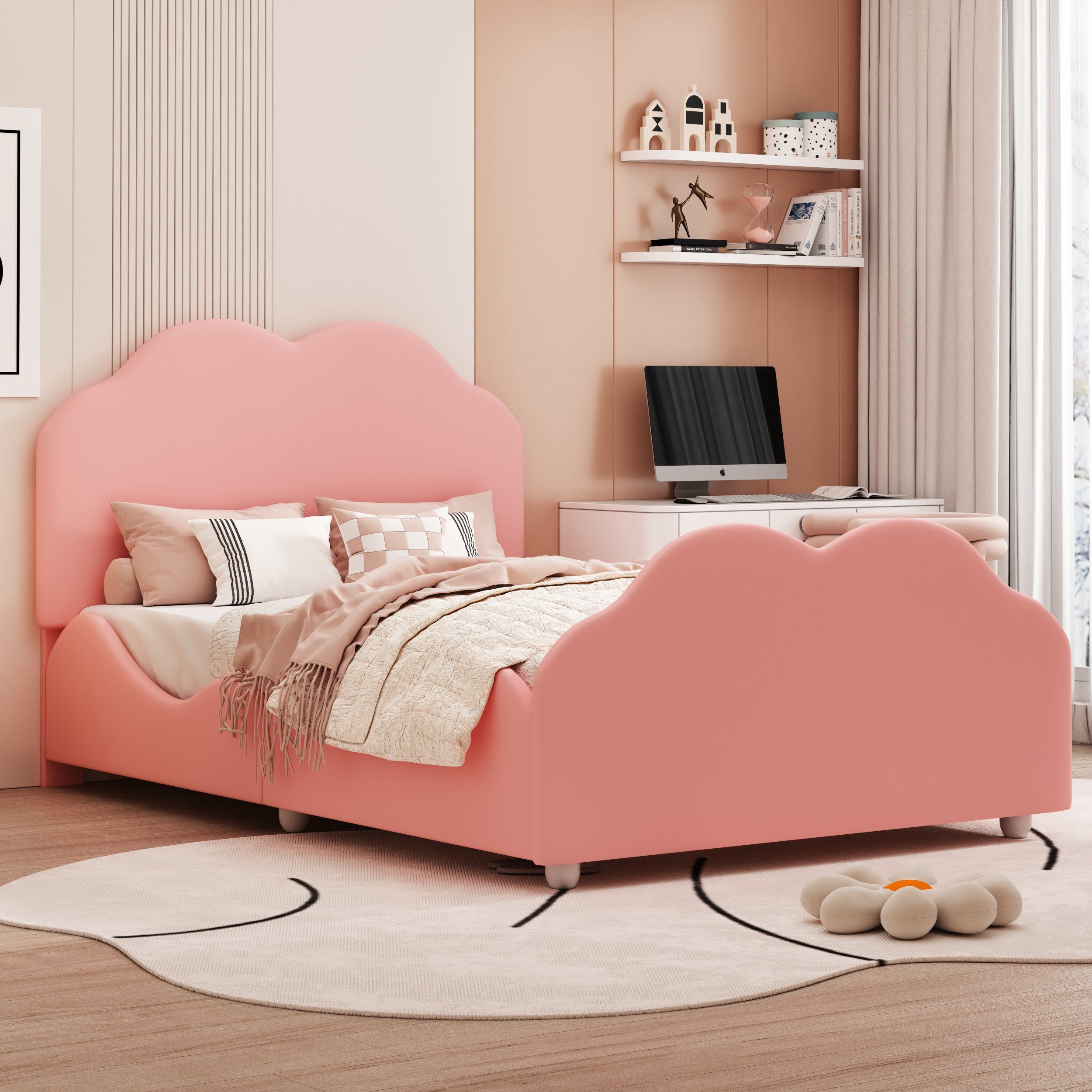 Wolkenform rosa Kinderbett, Einzelbett Samt süße Flieks Polsterbett 90x200cm
