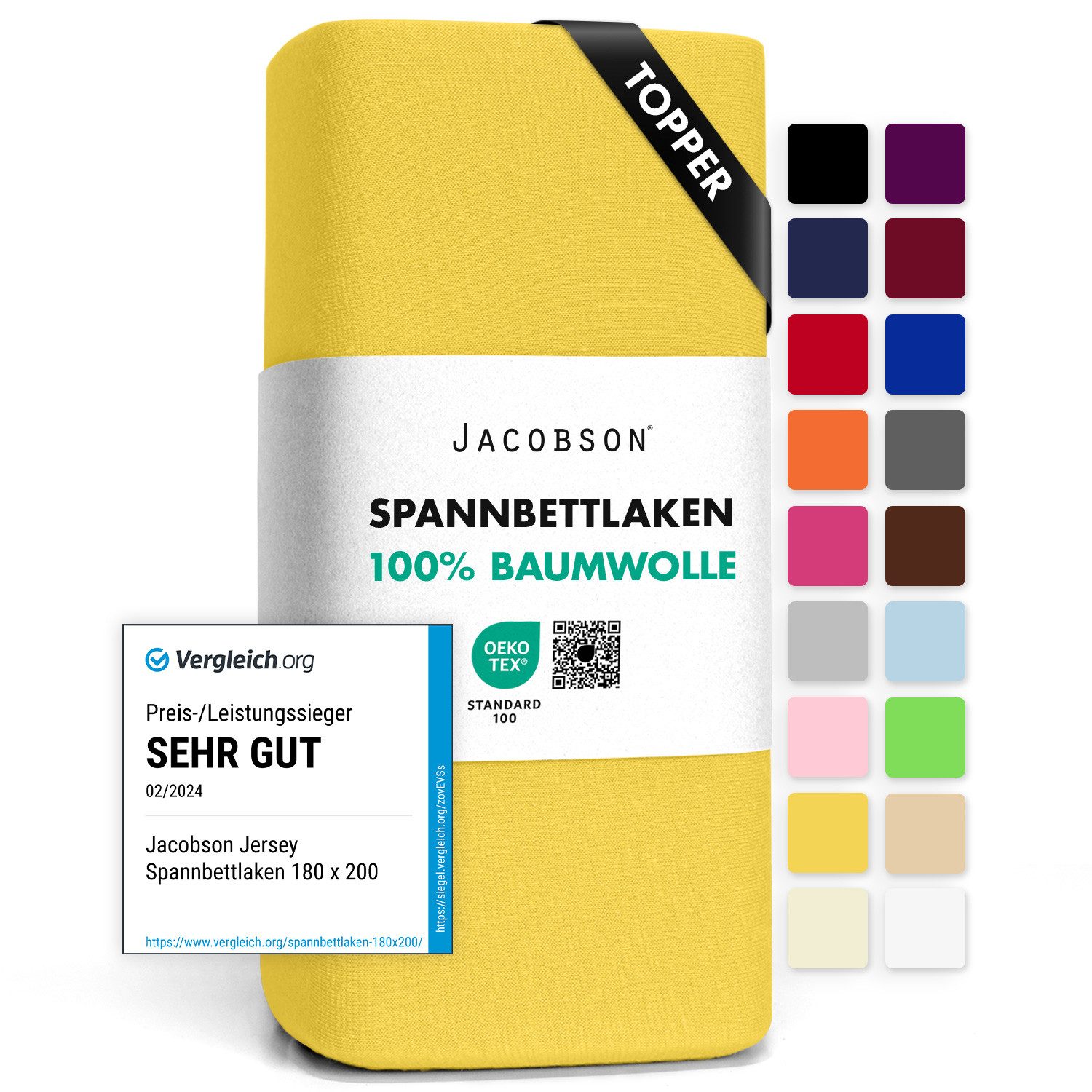 Jacobson Spannbettlaken TOPPER aus 100% Baumwolle, Jersey Bettlaken 160 g/m², Spannbetttuch mit Gummizug, pflegeleicht & viele Farben