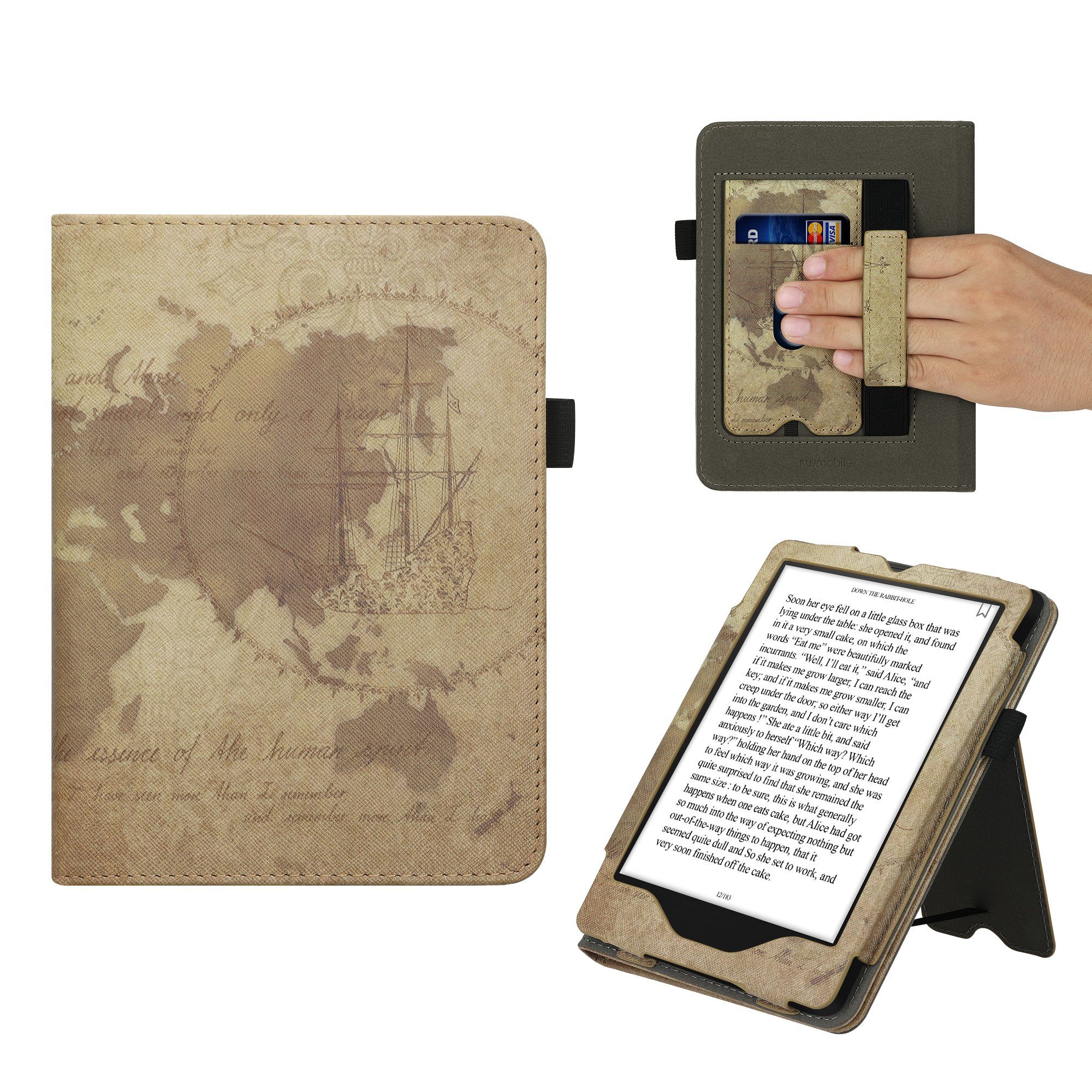 kwmobile E-Reader-Hülle Flip Schutzhülle für Amazon Kindle Paperwhite 11. Generation 2021, Handschlaufe - Cover Travel Vintage Design