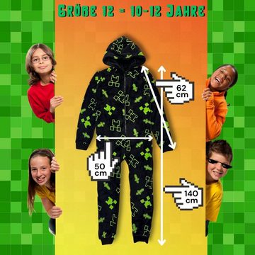 Bada Bing Jumpsuit Minecraft Overall mit Cube Pyjama für Kinder und Jugendliche (10-12 Jahren, Länge von ca. 140 cm) Mit Kapuze und Reißverschluss