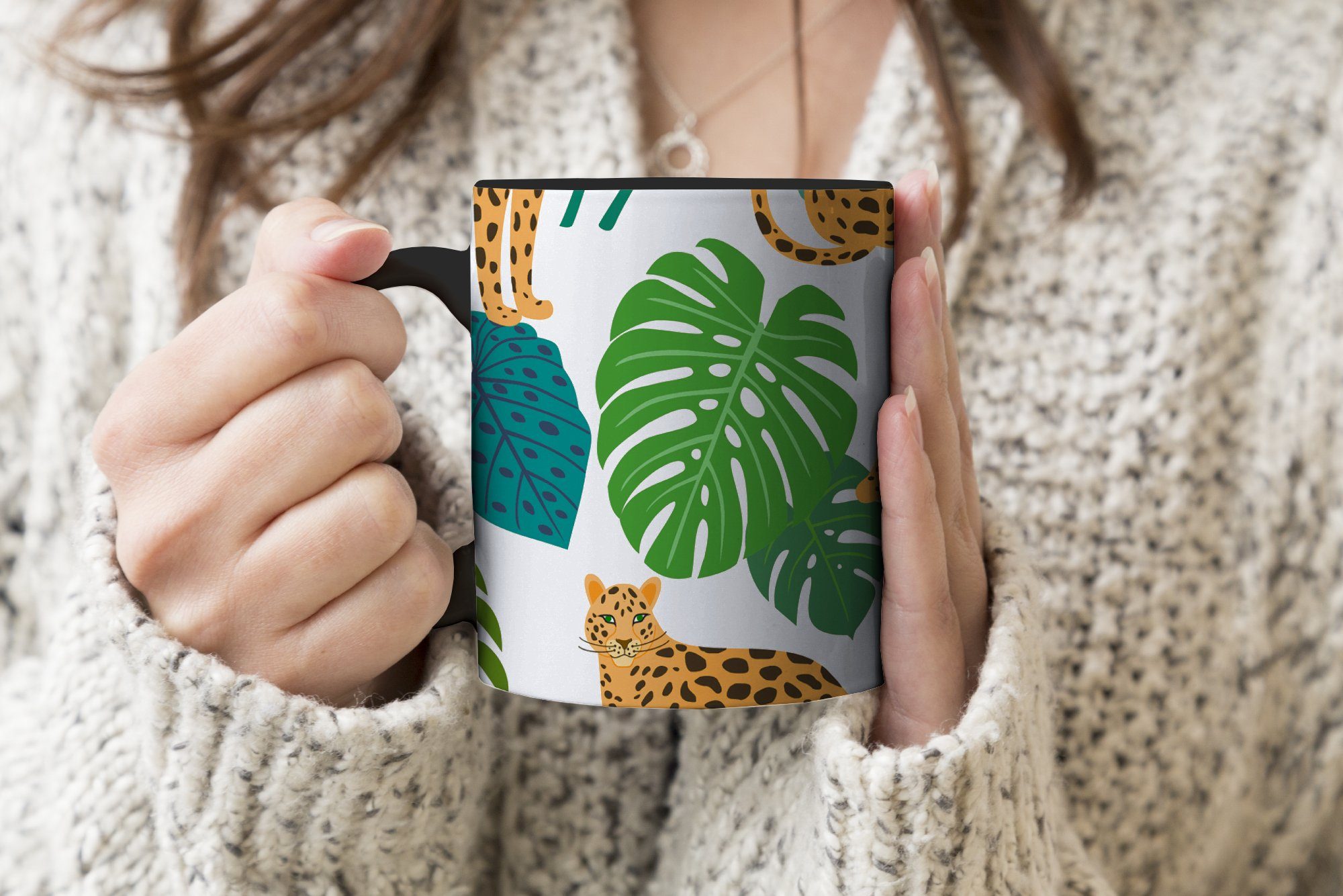 MuchoWow Tasse Leopard - Geschenk Keramik, Zaubertasse, - - - Kaffeetassen, Mädchen Pflanzen Teetasse, Jungen, Dschungel Farbwechsel, Muster 