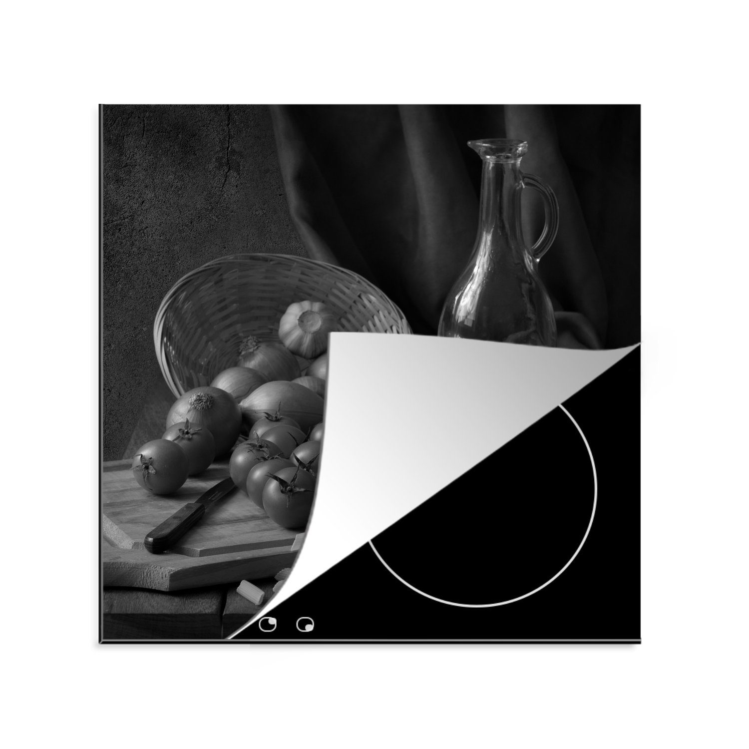 MuchoWow Herdblende-/Abdeckplatte Stilleben - Nudeln - Schwarz und weiß, Vinyl, (1 tlg), 78x78 cm, Ceranfeldabdeckung, Arbeitsplatte für küche
