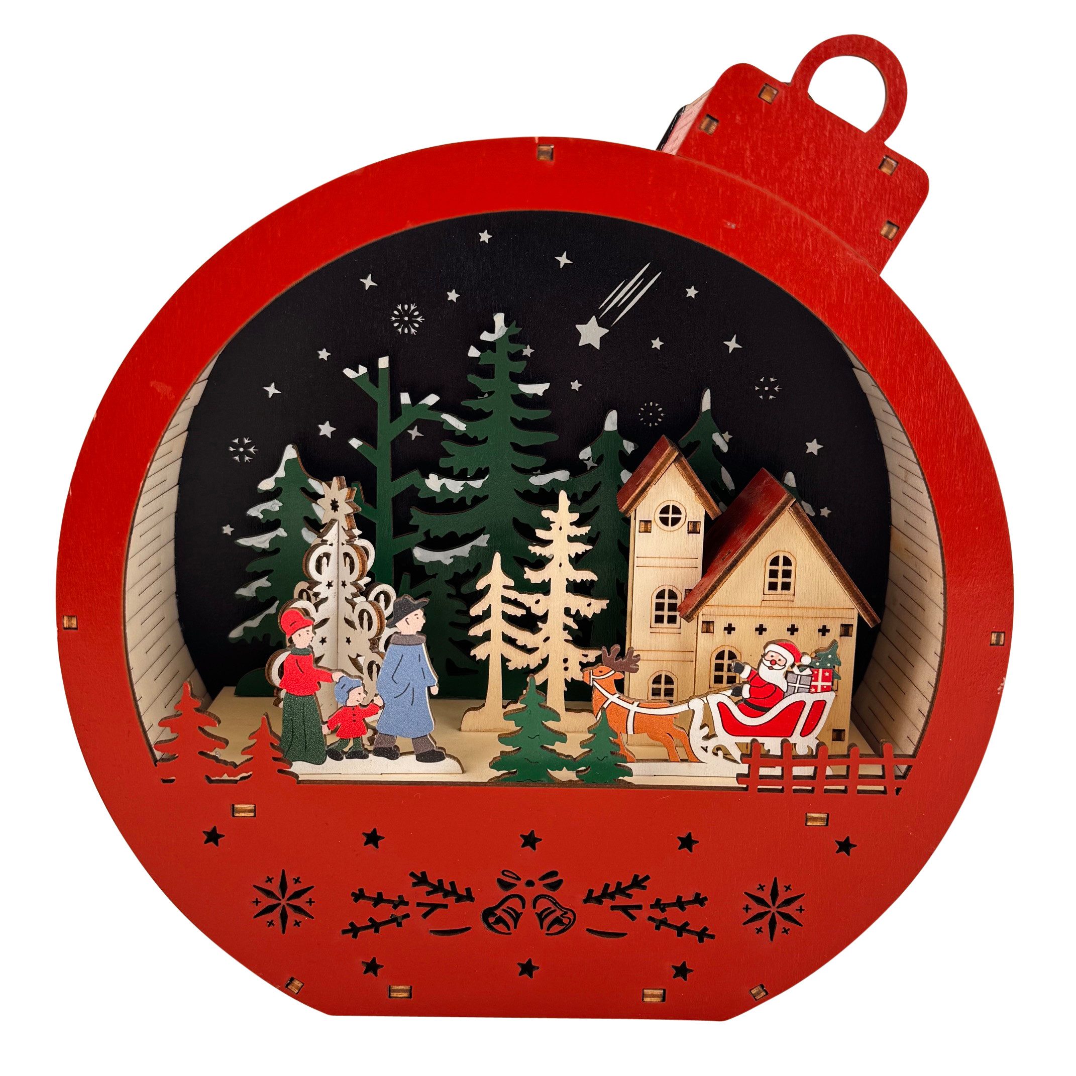 Online-Fuchs Weihnachtsdorf in einer großen Weihnachtskugel aus Holz mit LED-Beleuchtung - Deko, inklusive praktischer 6-Stunden Timerfunktion – Bild 2 von 4