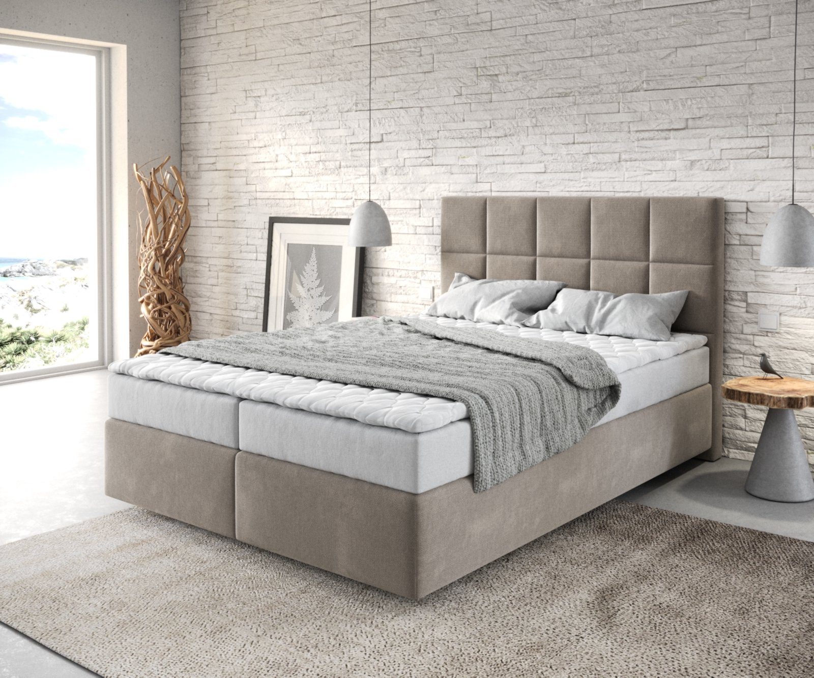 DELIFE Boxspringbett Dream-Fine, Mikrofaser Beige 140x200 günstig online kaufen