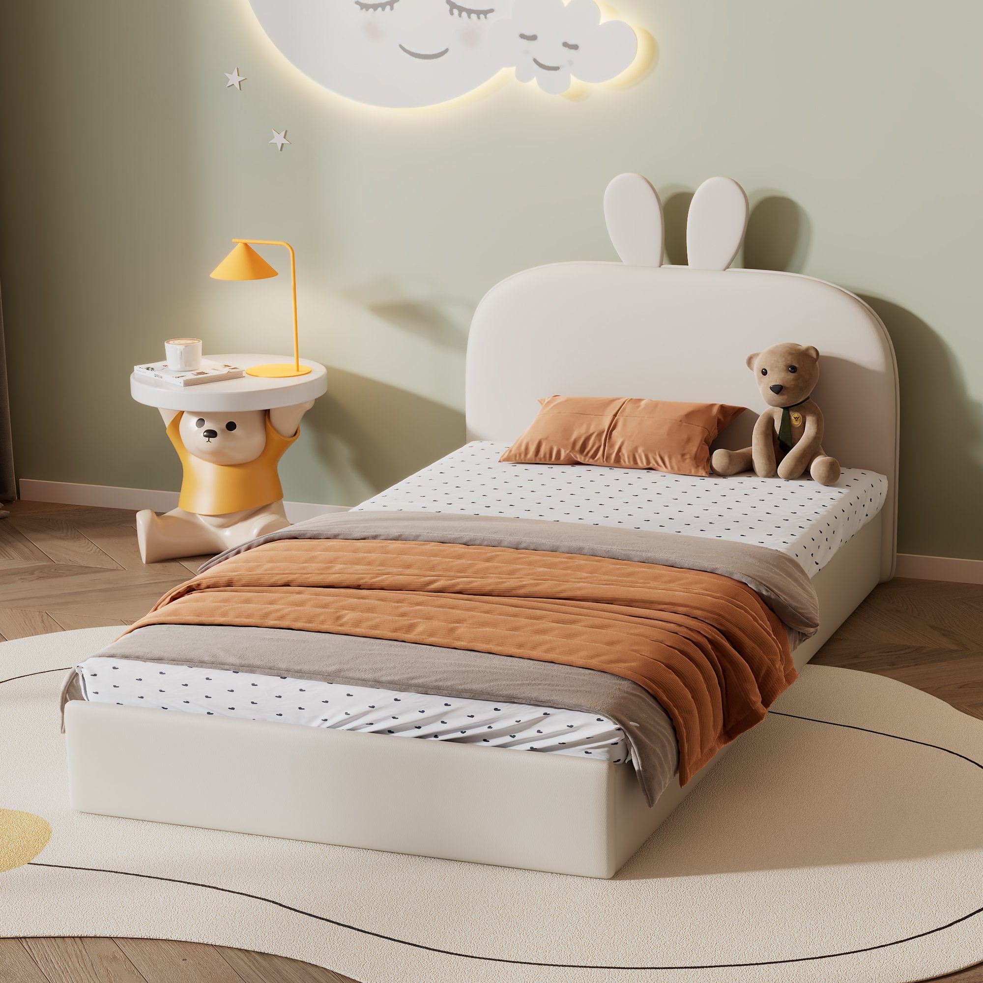 90x200cm Kinderbett Samt Kaninchen Kopfteil Polsterbett, mit Flieks Einzelbett