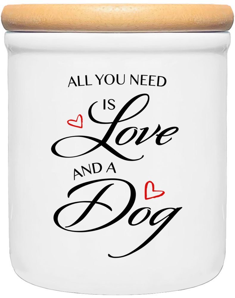 LOVE ALL IS Hund Keramik, für AND Hundebesitzer, YOU für - 1x Hundekeksdose, Hundekekse, NEED 400 Leckerlidose (2-tlg., ml Deutschland, mit A in Keramikdose - Holzdeckel), handgefertigt DOG Cadouri Vorratsdose