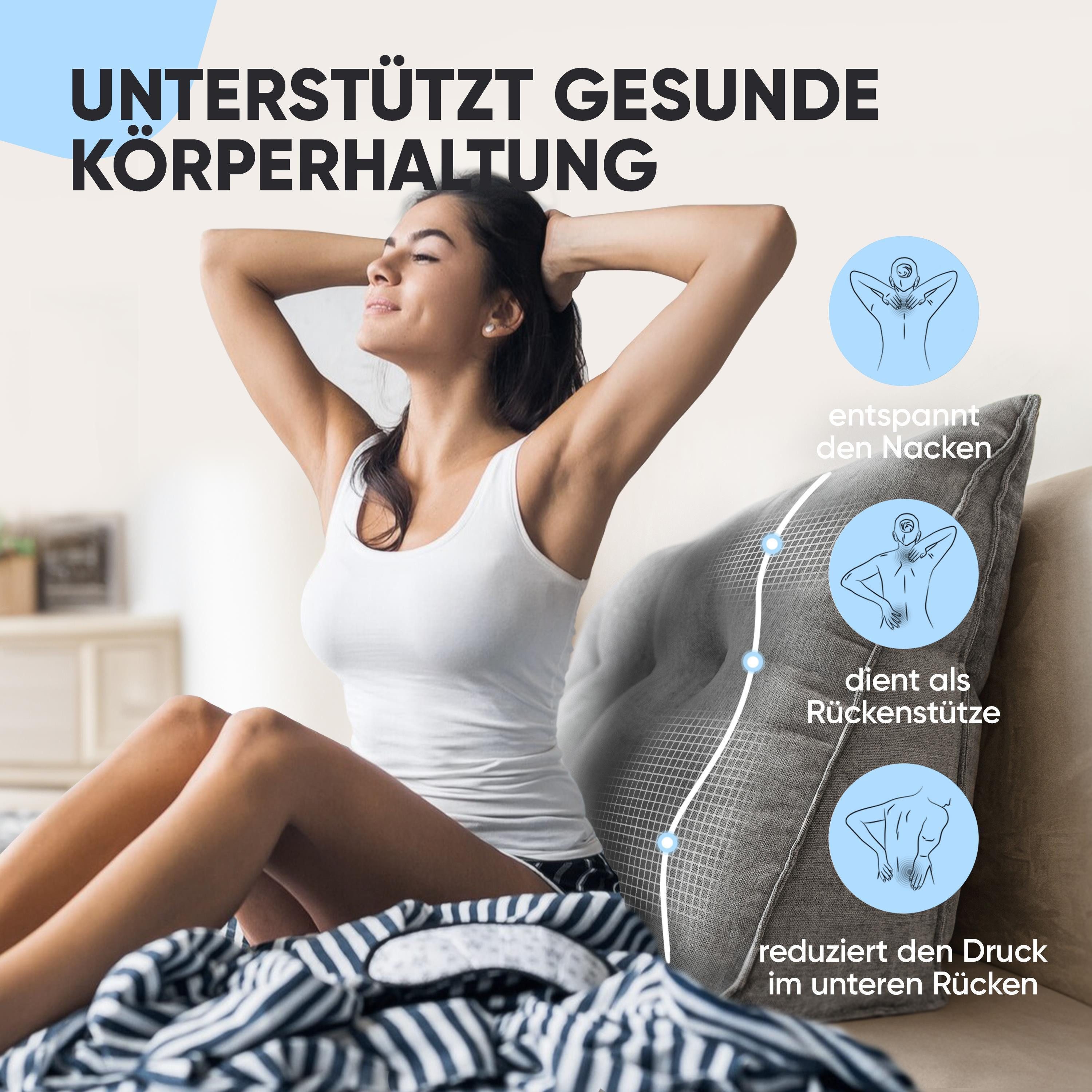 Björn&Schiller Rückenkissen Lesekissen für Bett und Sofa Keilkissen mit waschbarem Bezug, Ideal zum Anlehnen im Bett, grau, 120 cm lang