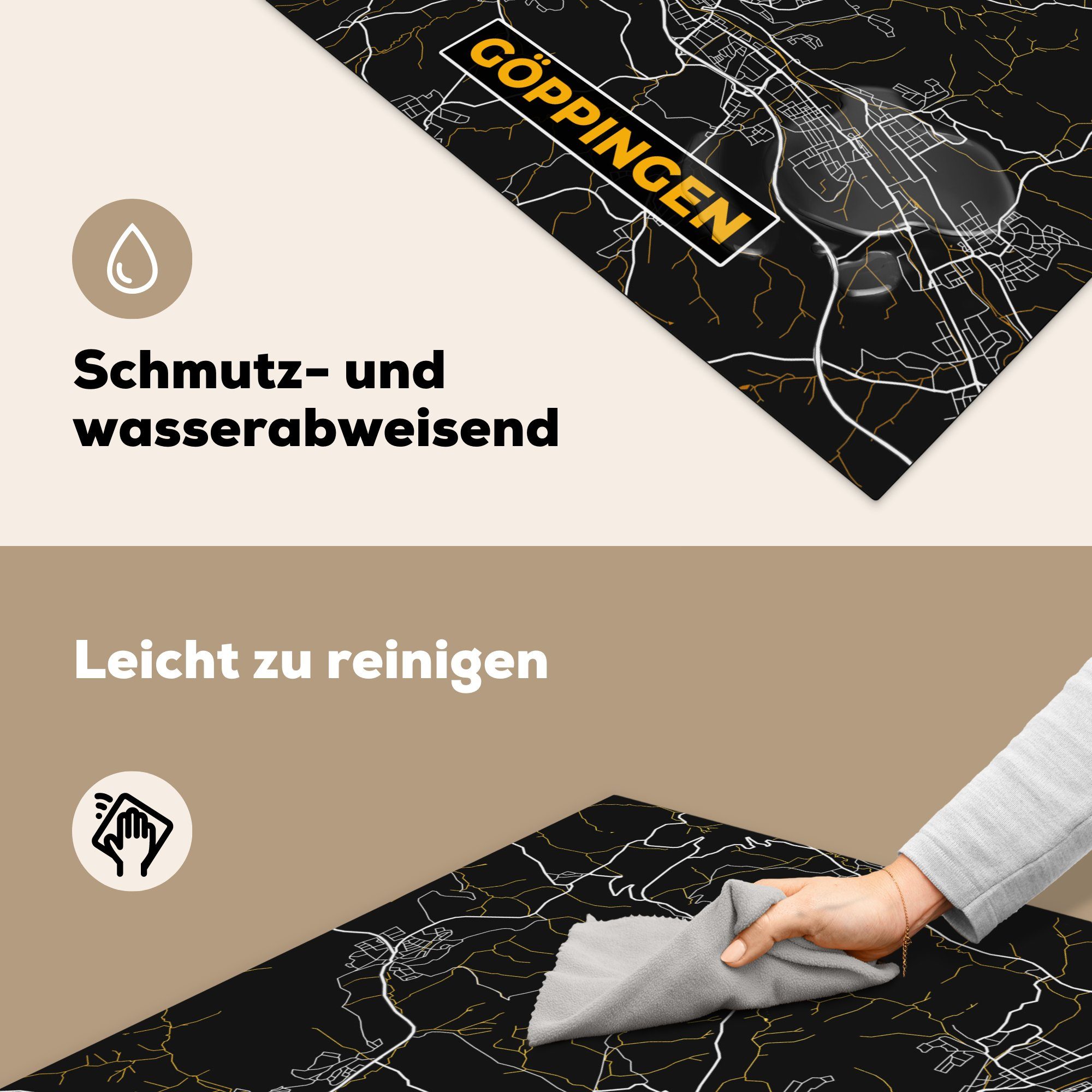 Herdblende-/Abdeckplatte Karte, - Vinyl, Stadtplan - 78x78 Gold Ceranfeldabdeckung, - küche für - - cm, Karte Göppingen tlg), Deutschland MuchoWow (1 Arbeitsplatte