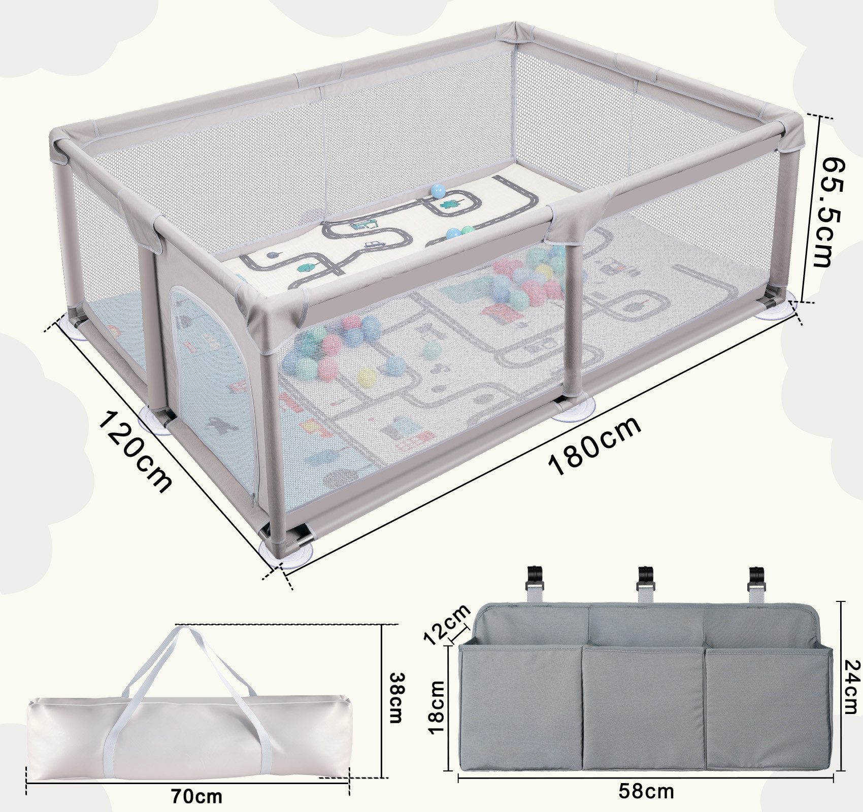 ElitVita Laufgitter Laufstall Baby mit matratze, 600D Oxford Stoff,mit Aufbewahrungstasche, Laufstall 120x180cm mit Ozeanbälle,Tragetasche,Atmungsaktivem Net