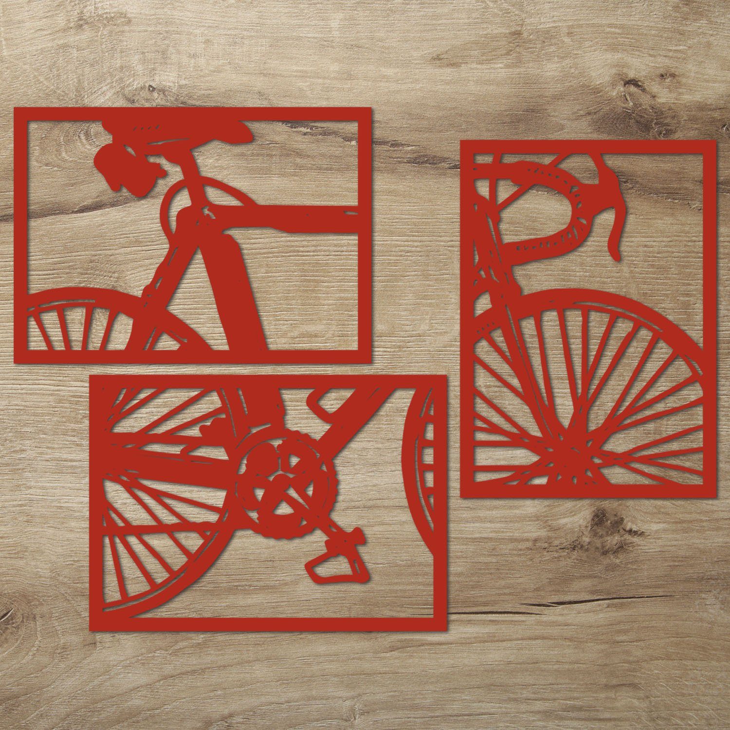 Namofactur Wanddekoobjekt XXL (3-teilig), Rot Wandbild Fahrrad Außergewöhnliches Holz-Wandtattoo zuhause aus Dein Holz für