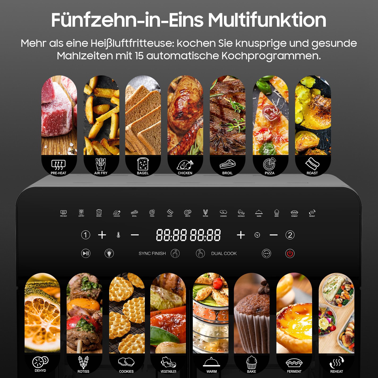 AIMAX Heißluftfritteuse 23 Liter, XXL Airfryer mit Doppeltür und Sichtfenster, 15 Programme, LED-Touch, 12 Zubehörteile, 2200 W, Dual-zone Fritteuse mit herausnehmbarer Trennwand, Grillen