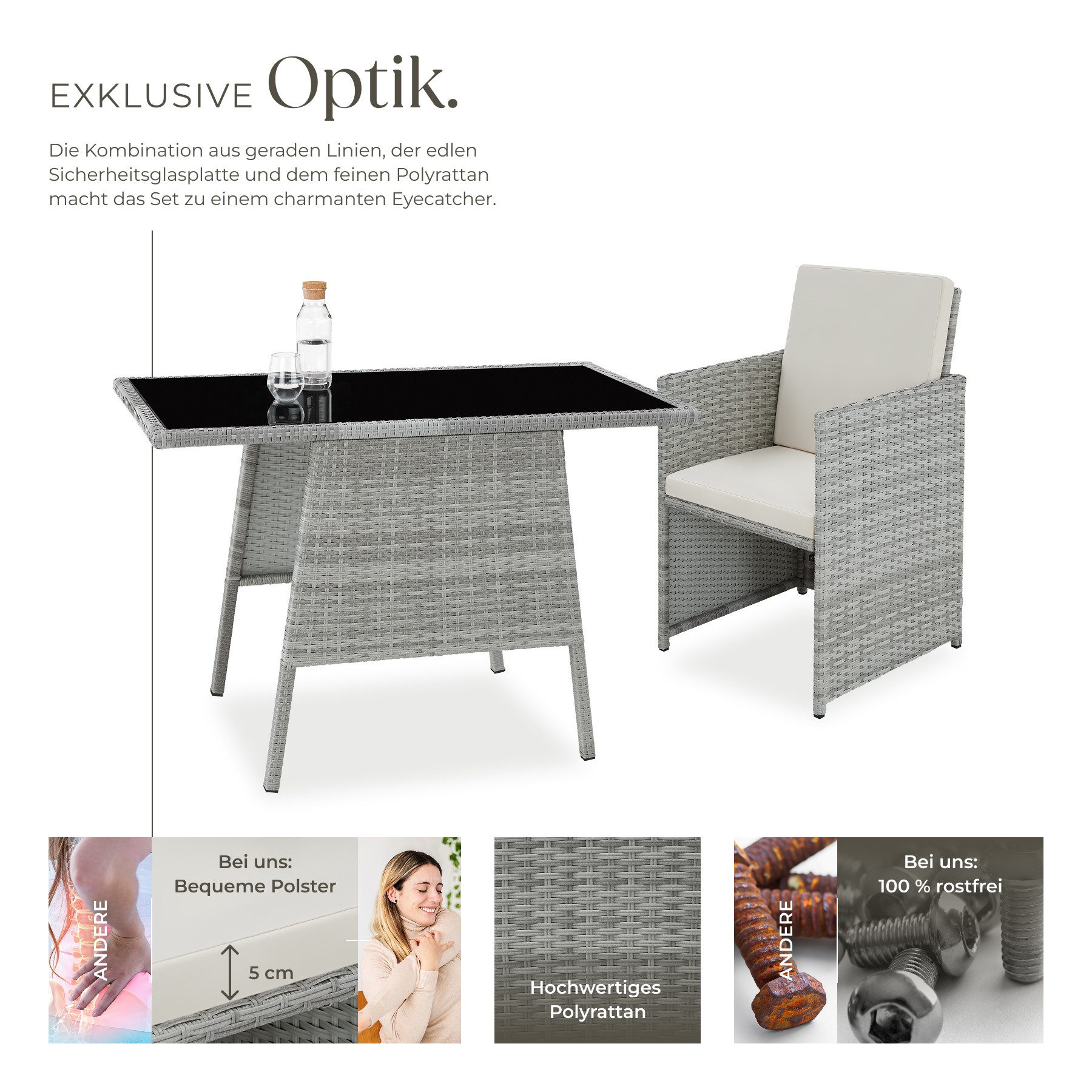 tectake Sitzgruppe Rattan Gartenlounge für 2 Personen, zusammenschiebbar, (Loungeset Lausanne, 3-tlg., für Außen in Hellgrau), widerstandsfähig, UV-beständig, mit Sicherheitsglasplatte