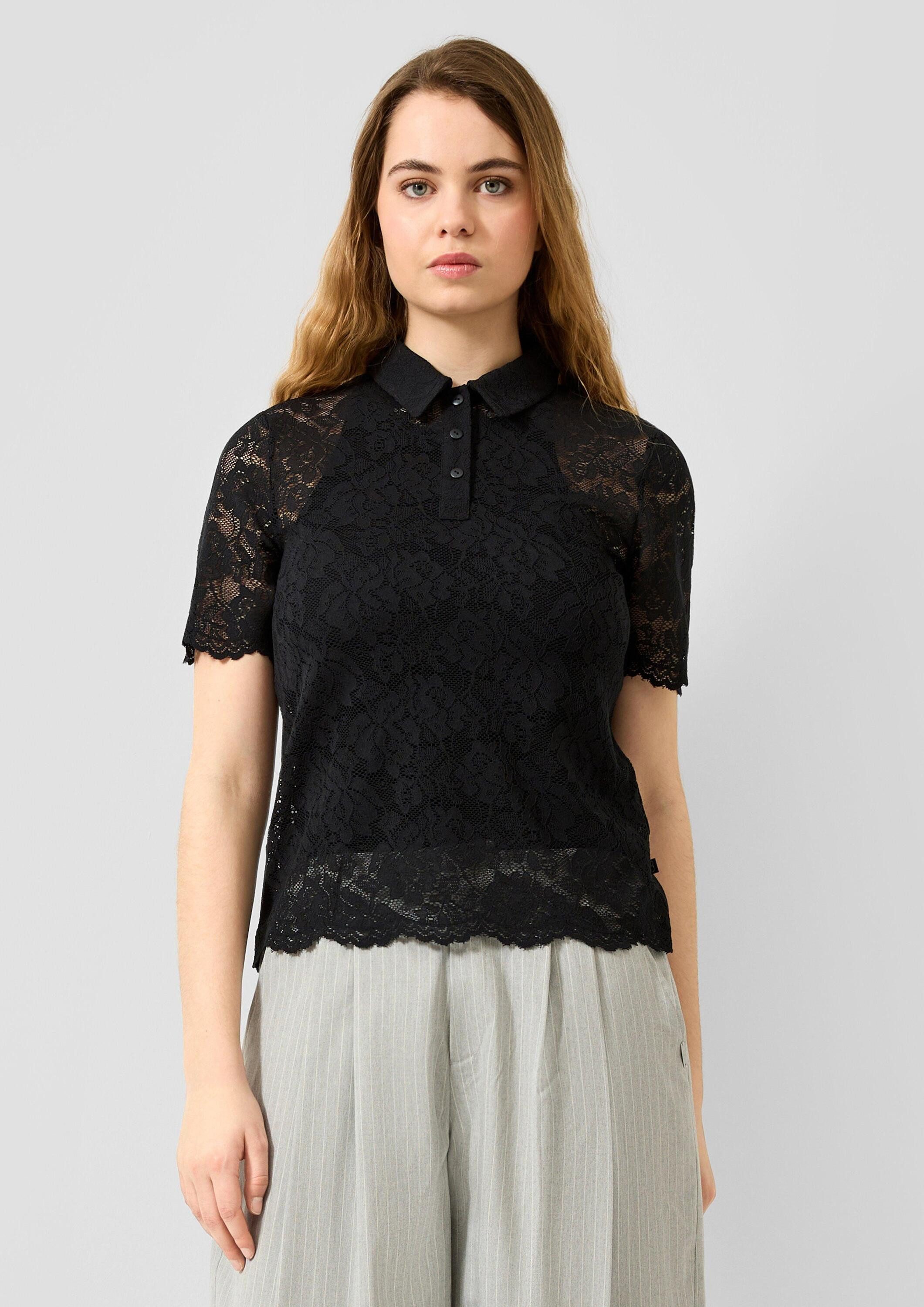 QS Kurzarmshirt T-Shirt Leicht transparentes Poloshirt aus Spitze