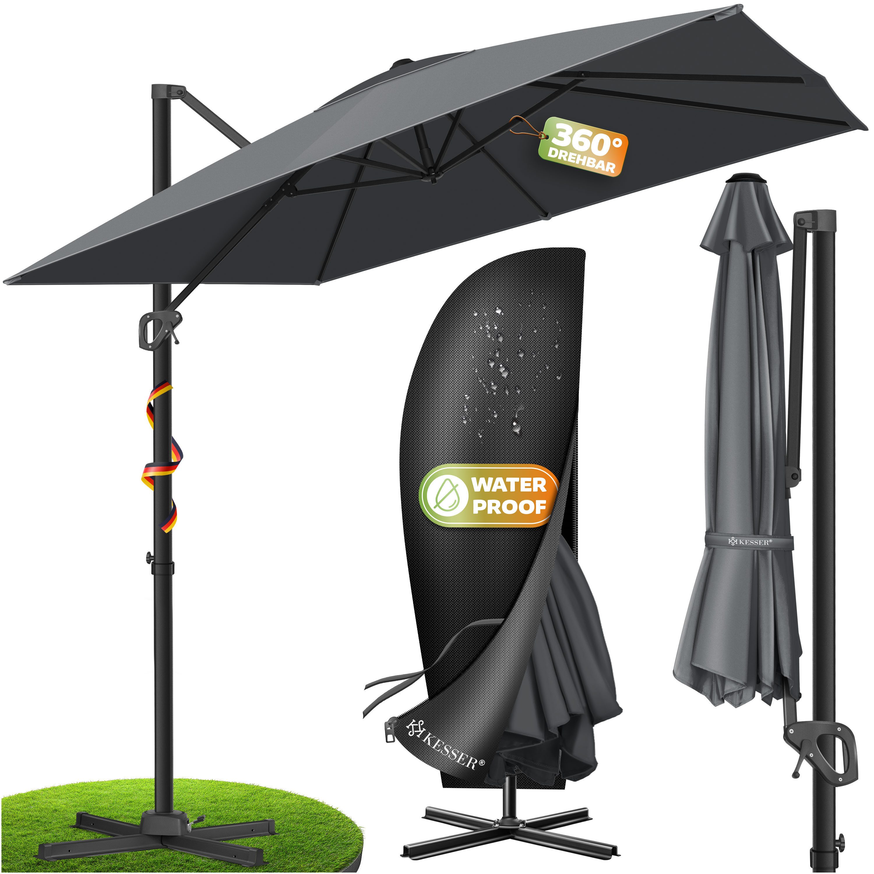 KESSER Ampelschirm, Sonnenschirm SUN XL 300 300 cm Inkl. Abdeckung 360° Drehbar & Neigbar