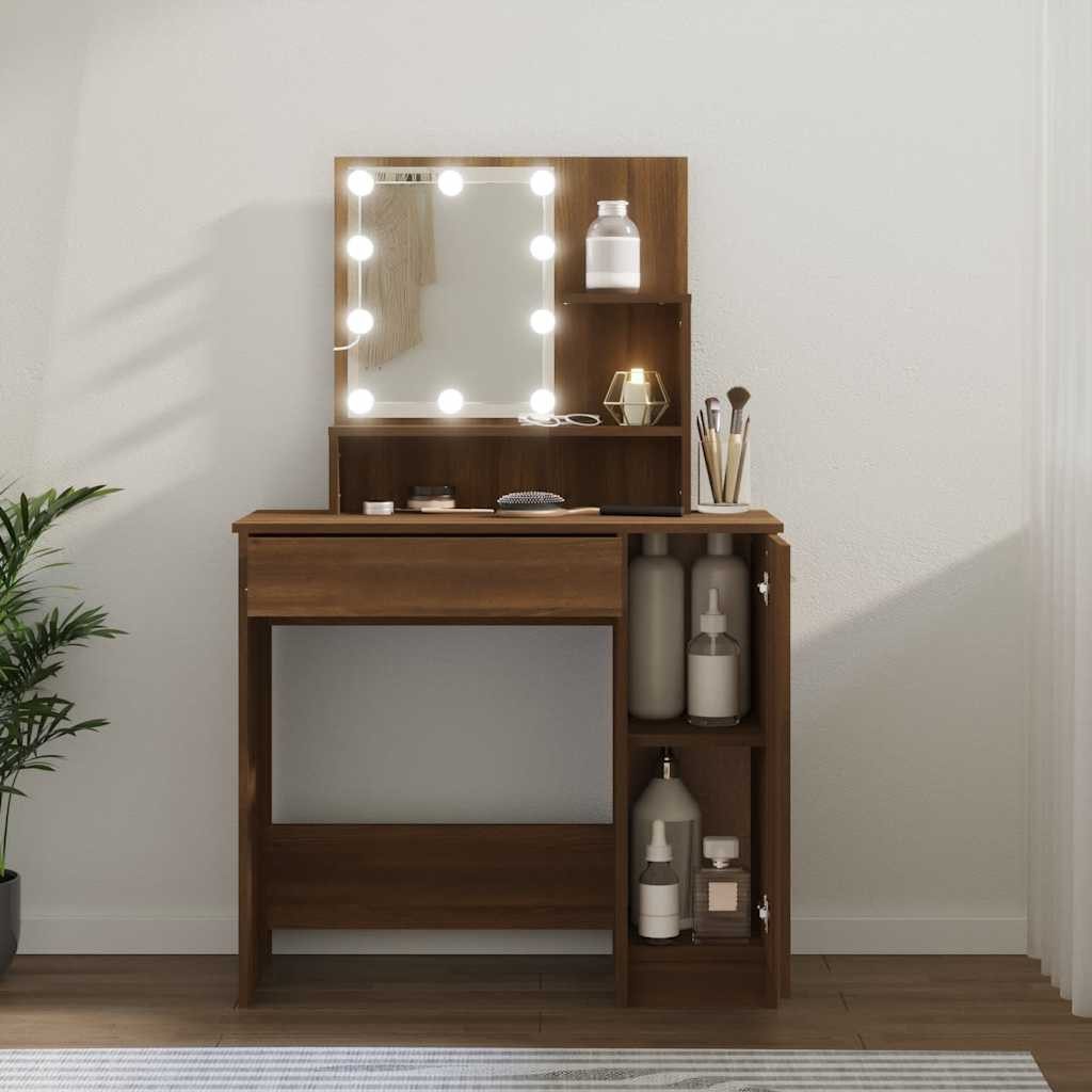furnicato Schminktisch 86,5x35x136 cm Braun Massivholz Optik (1-St), LED-Spiegeltisch mit USB-Anschluss, Ablagen und Beistellschrank