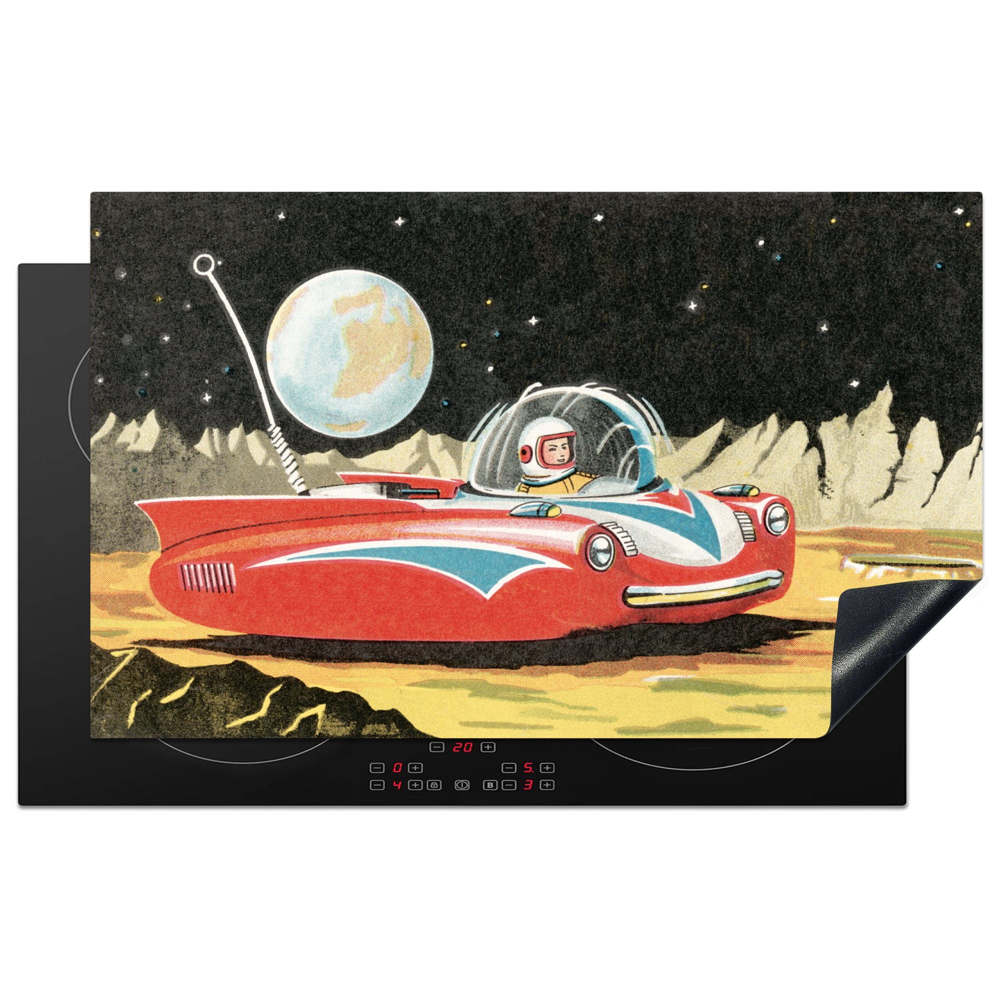 MuchoWow Herdblende-/Abdeckplatte Eine Science-Fiction-Illustration eines Mannes auf dem Mond, Vinyl, (1 tlg), 83x51 cm, Ceranfeldabdeckung, Arbeitsplatte für küche