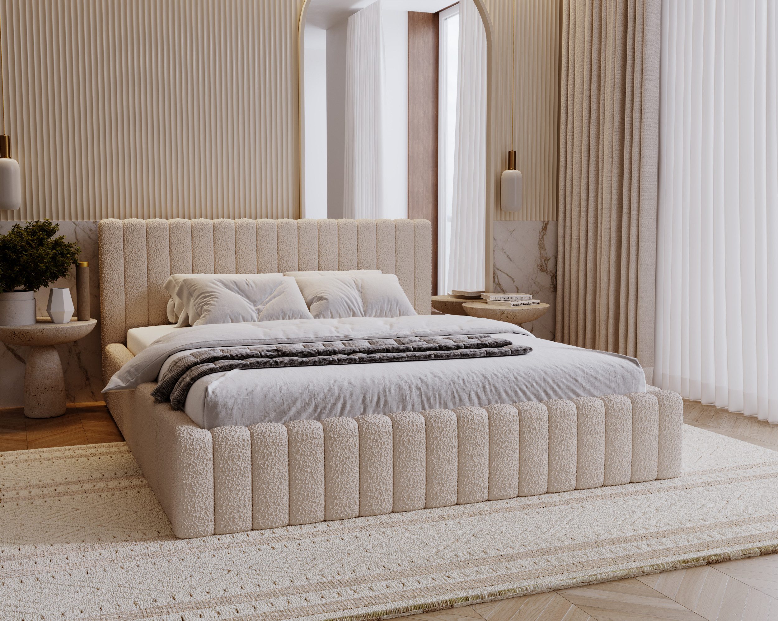 Goldstoff Polsterbett mit Bettkasten und Lattenrost (Boucle-Stoff in "Lammfell", Designerbett, Wolkenbett, Stauraumbett- 140/160/180x200), Erhältlich in 3 Größen und 6 Farben