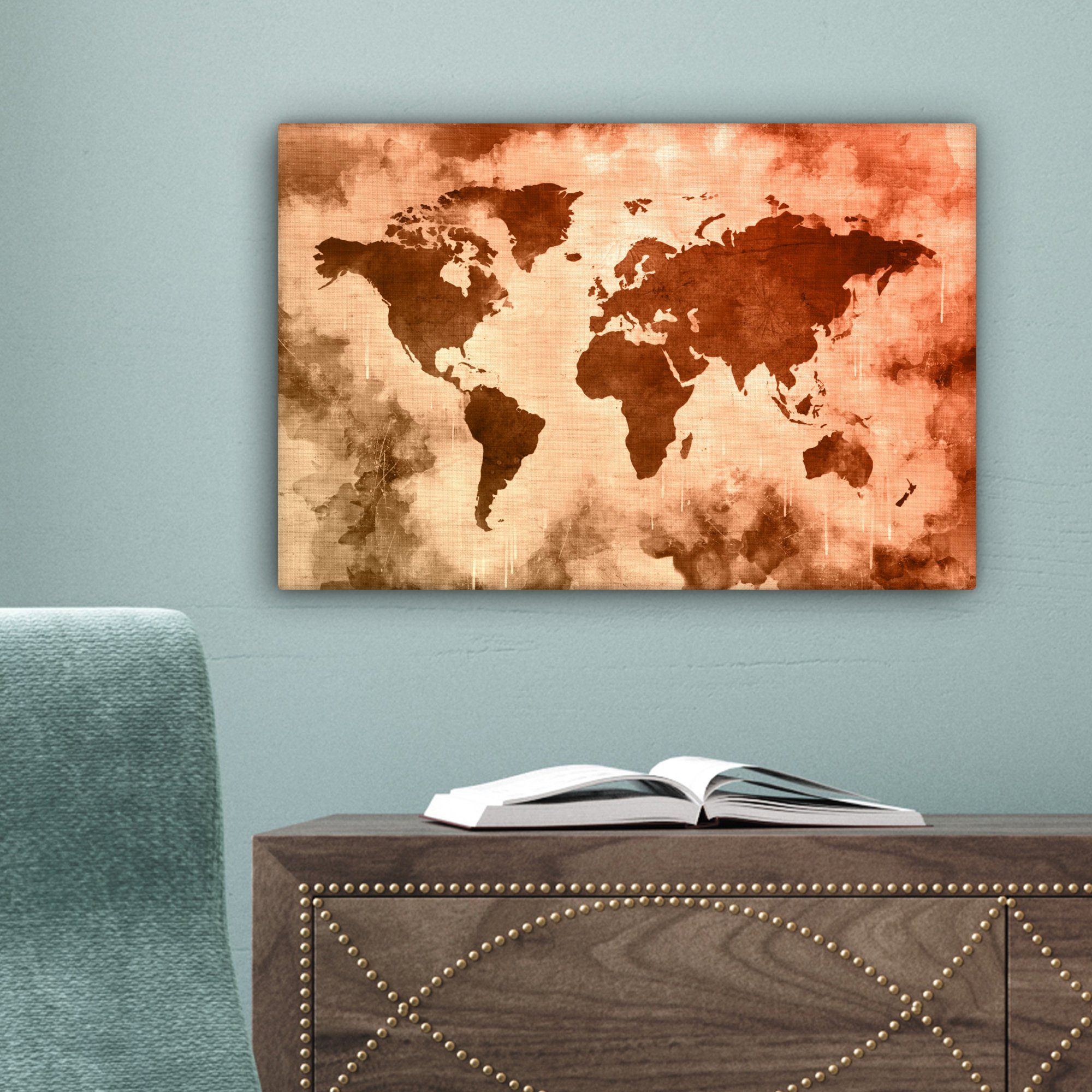 OneMillionCanvasses® Leinwandbild Wanddeko, 30x20 - Wandbild Braun, Rot Leinwandbilder, (1 St), cm Weltkarte - Aufhängefertig