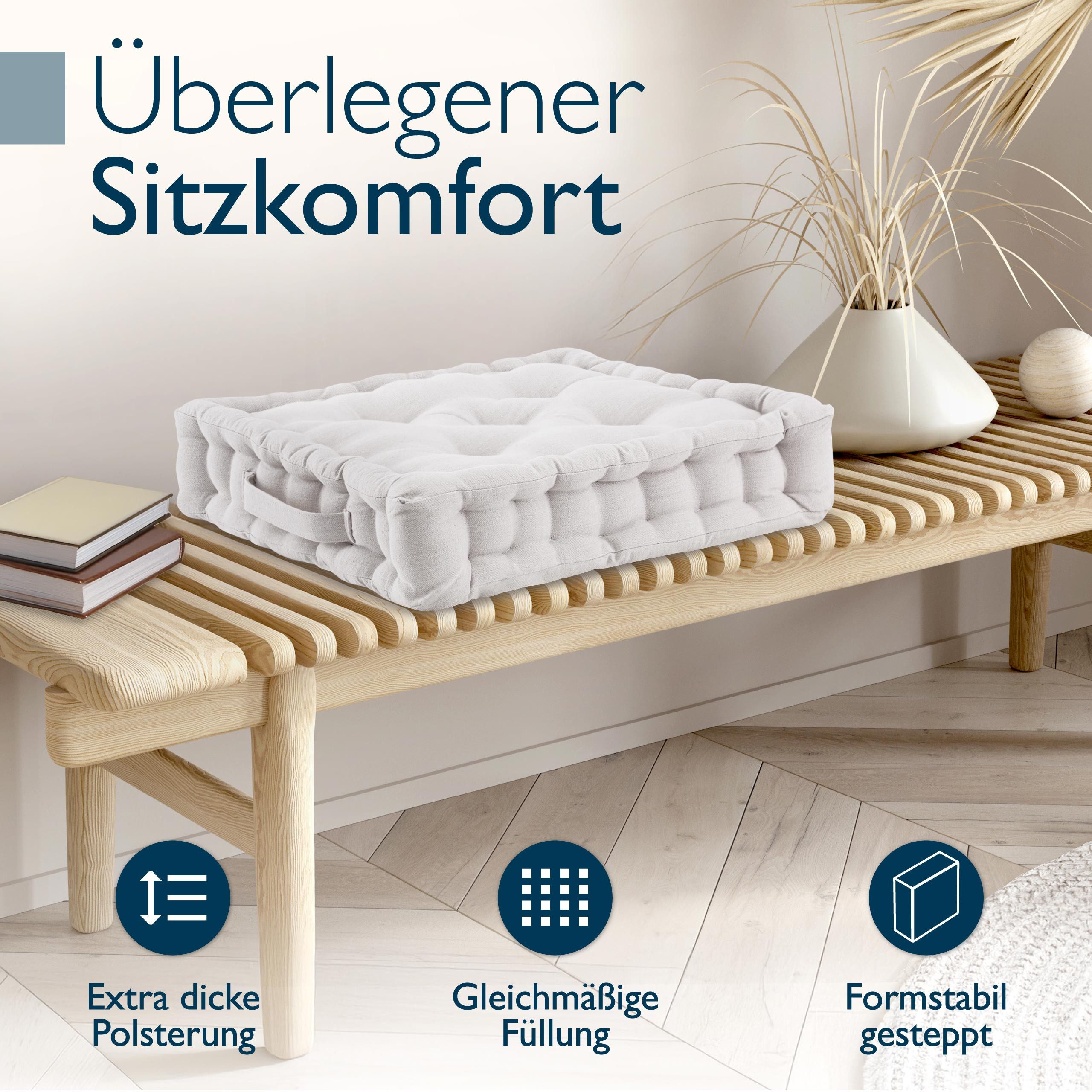 Beautissu Stuhlkissen 4er Set Bodenkissen Sitzkissen Mila, 50x50cm, Natur, Matratzenkissen 10cm, 100% Baumwolle Stuhlkissen Indoor & Outdoor