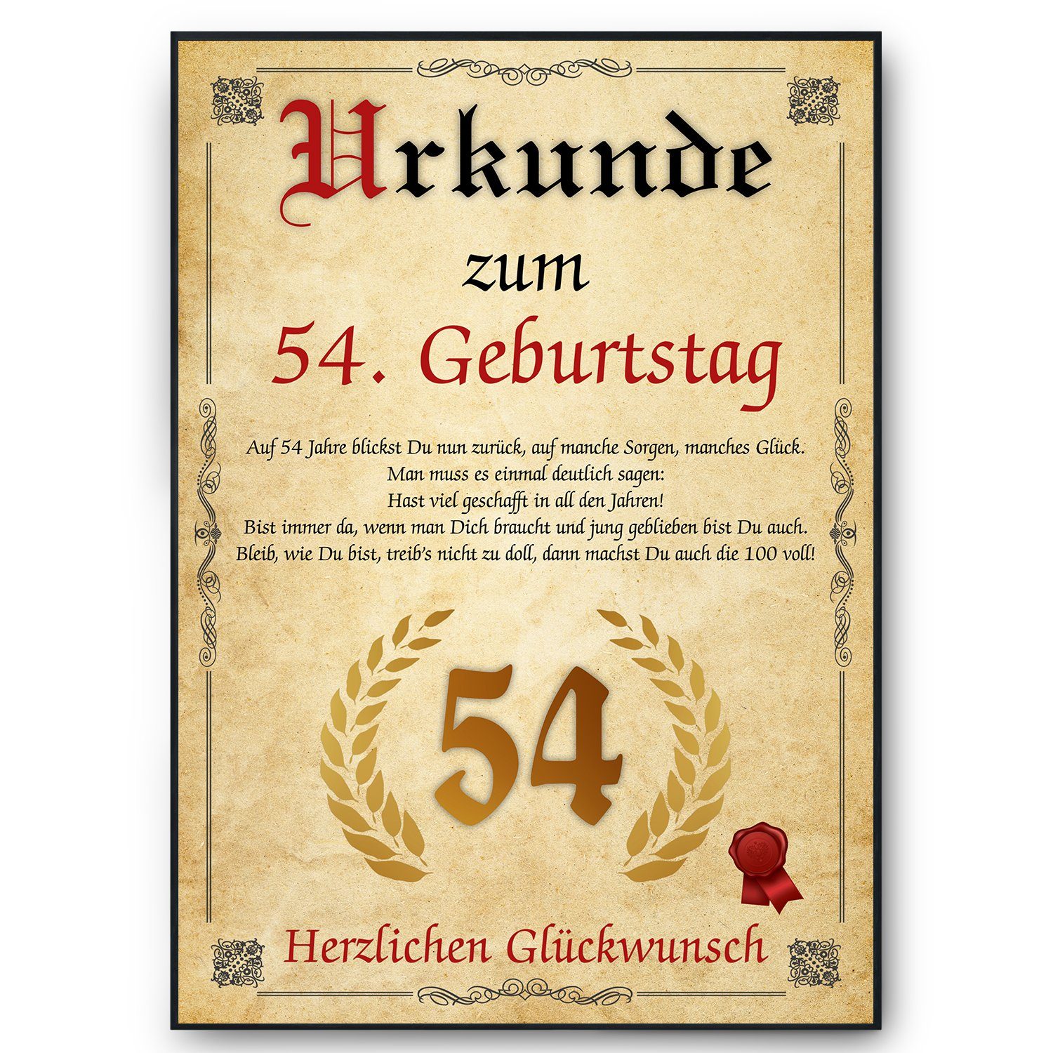 Tigerlino Poster Urkunde zum Geburtstag Mann Frau Geburtstagsgeschenk Geburtstagskarte, 54. Geburtstag Jahrgang 1970, Geburtstagsurkunde