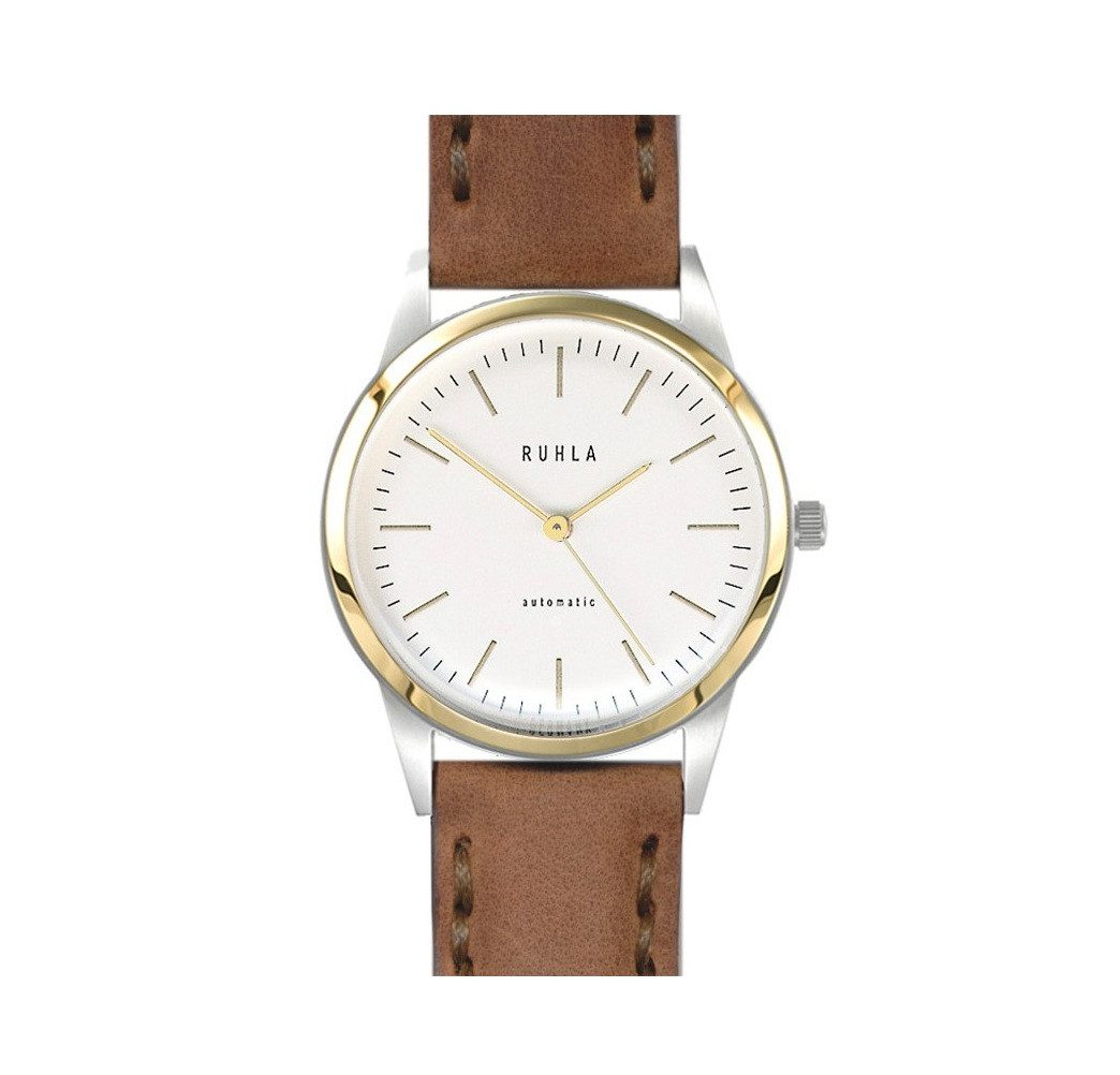 UMR Ruhla Quarzuhr 21-18B, Automatik Herrenuhr - Beiges Ziffernblatt - mit Goldakzenten, braunes Lederband - Wasserdicht bis 5 bar - Made in Germany