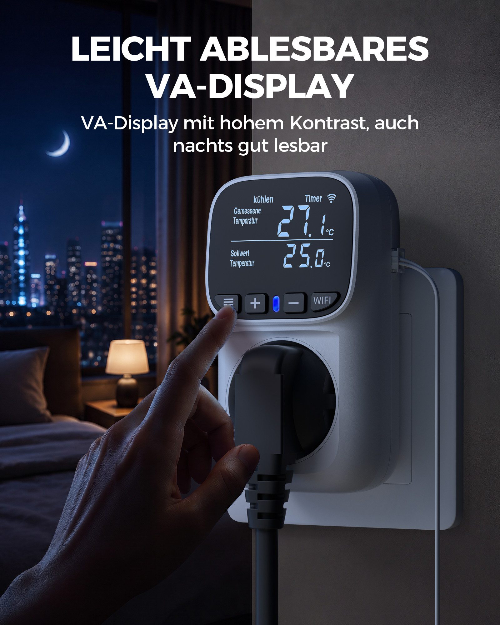 DEWENWILS Steckdosen-Thermostat Temperaturregler, Deutsches Display, WiFi Temperaturschalter mit Fühler, App Steuerung, LCD-Display – Bild 5 von 5