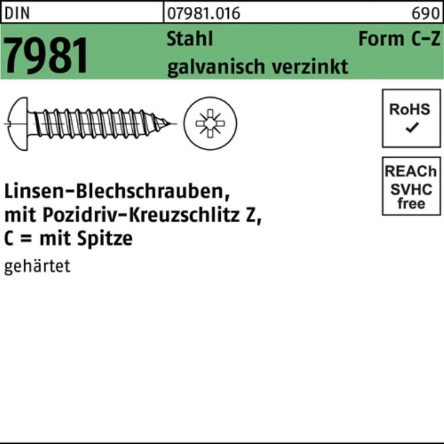 Reyher Blechschraube 100er Pack Blechschraube 6,3x 19 -C-Z DIN 7981 LIKO m.Kreuzschlitz-PZ