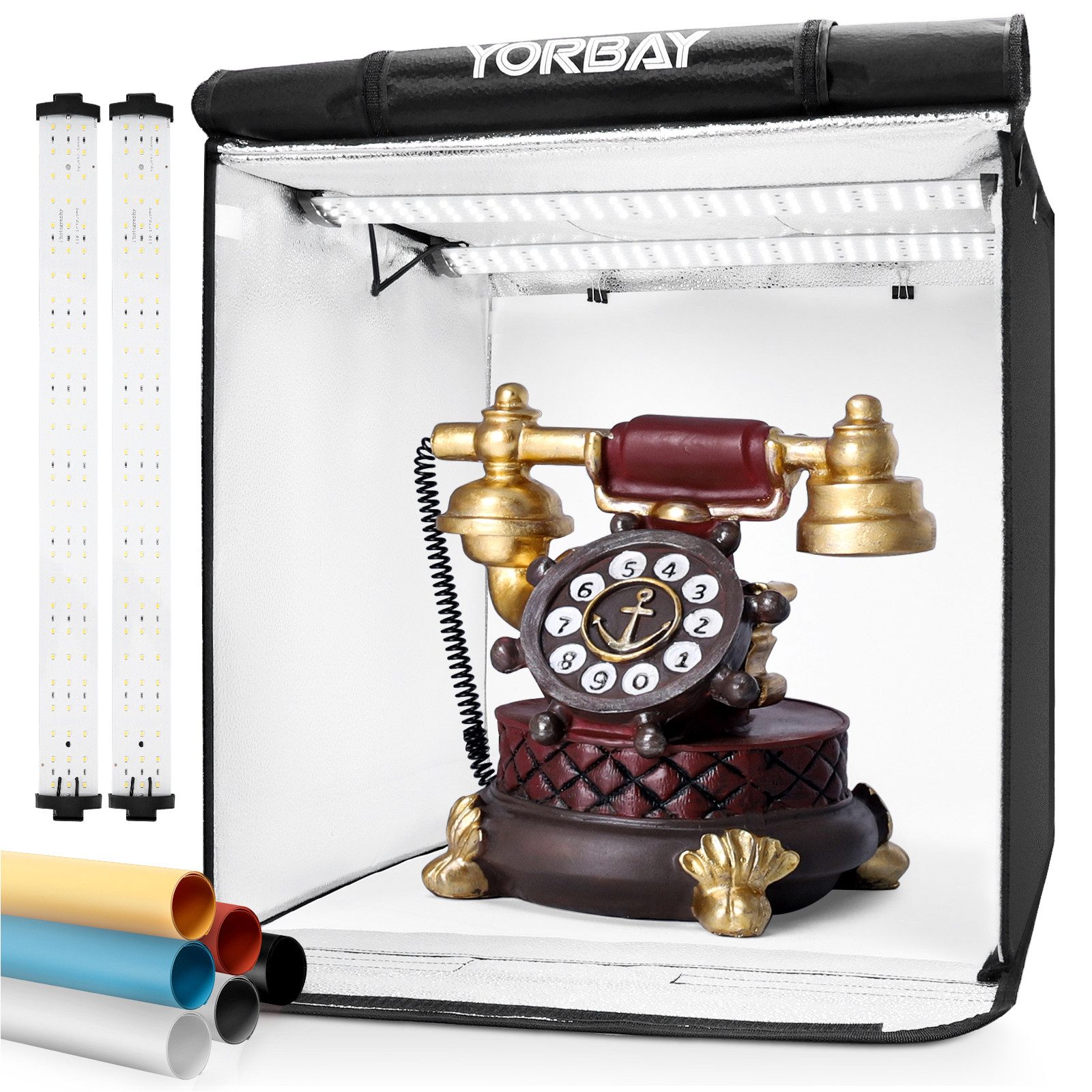 Yorbay Fotostudio-Box Fotostudio Set 52 x 52 x 52 cm LED Lichtbox Lichtwürfel Lichtzelt, mit 6 PVC-Hintergrundfolien(schwarz,rein weiß,grau,orange,rot,blau)