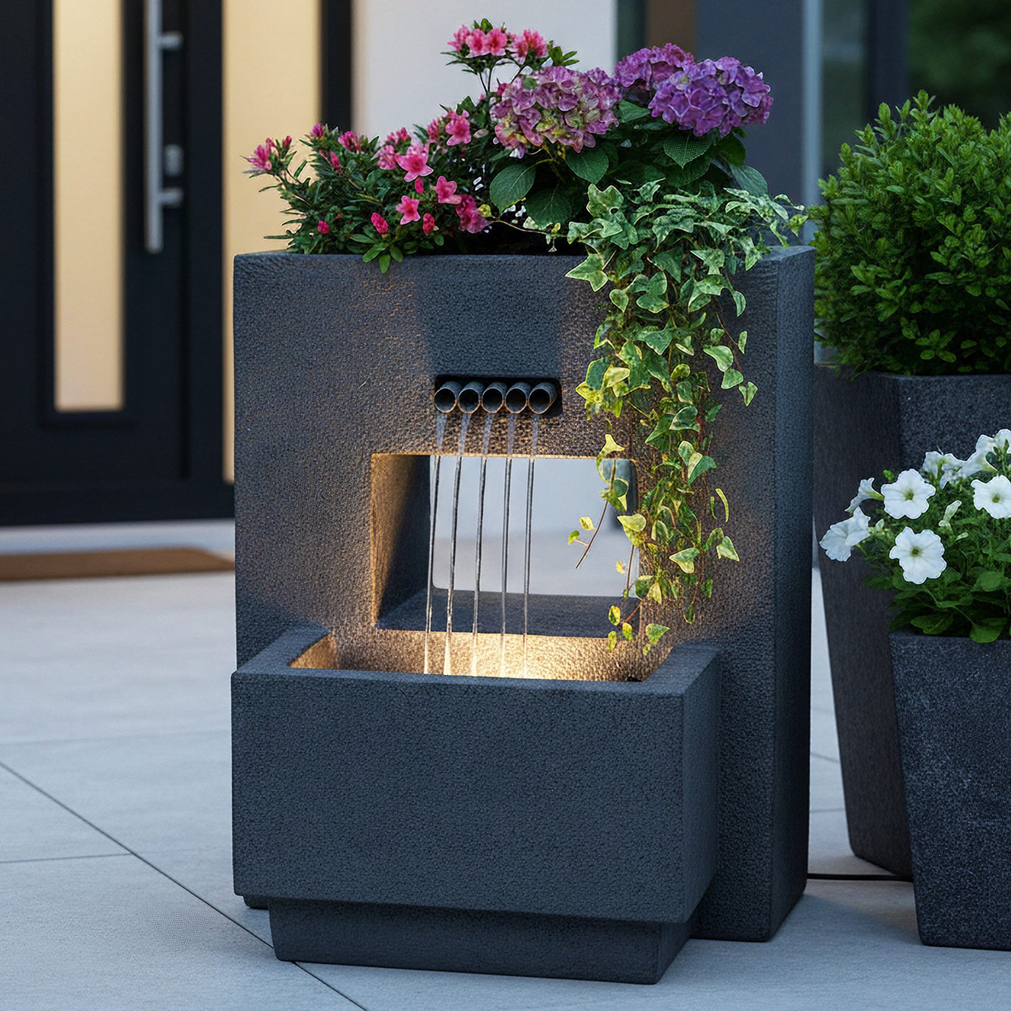 Arnusa garden fountain with LED lighting, plantable, 57x35x45 cm, complete LED set, concrete look